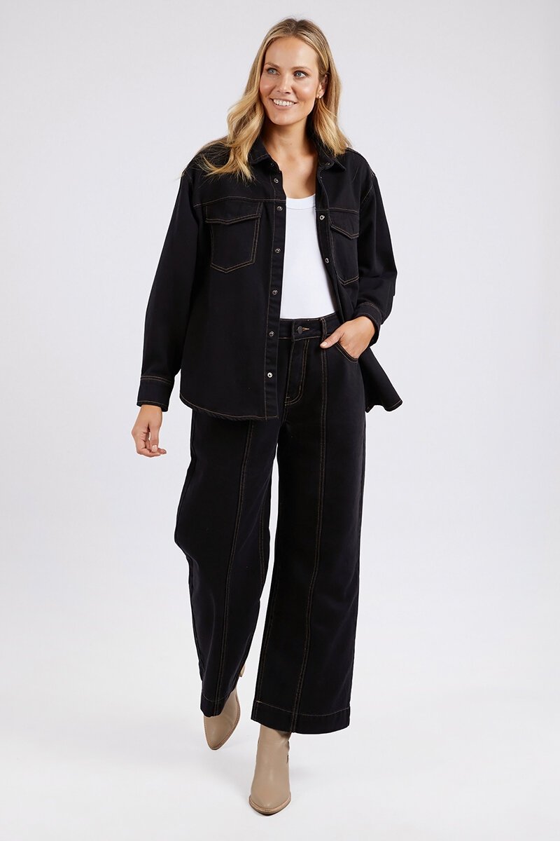 Stylish Daisy Black Contrast Stitch Overshirt for Women - Casual Button-Down Shirt with Unique Floral Design | Perfect for Spring Outfits, Layering & Everyday Wear