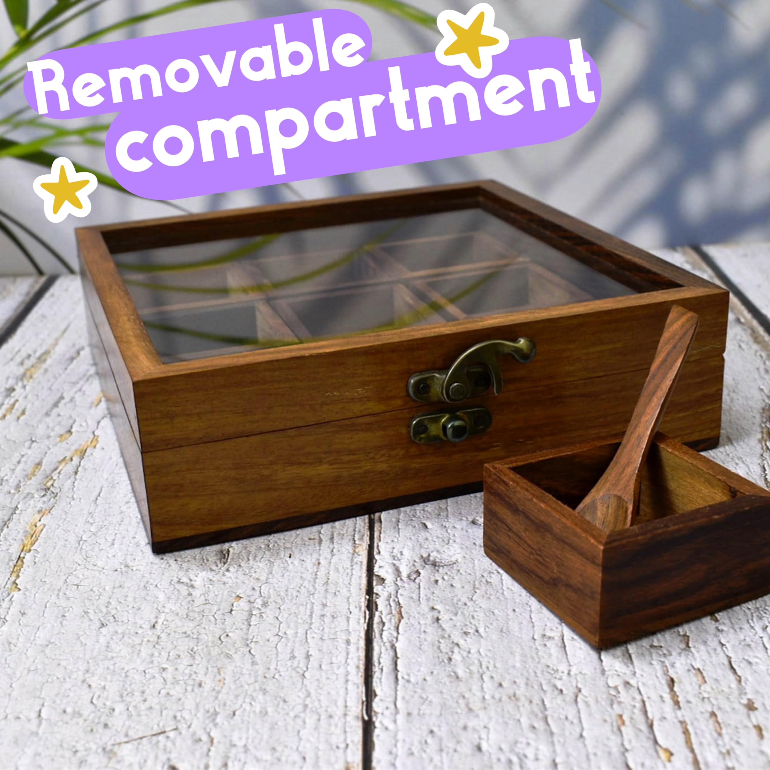 Premium Masala Dabba - 8 Inch Indian Wooden Spice Box with Glass Lid & Spoon | Sheesham Rosewood Spice Organizer | Perfect for Indian Cooking, Spice Storage & Kitchen Organization