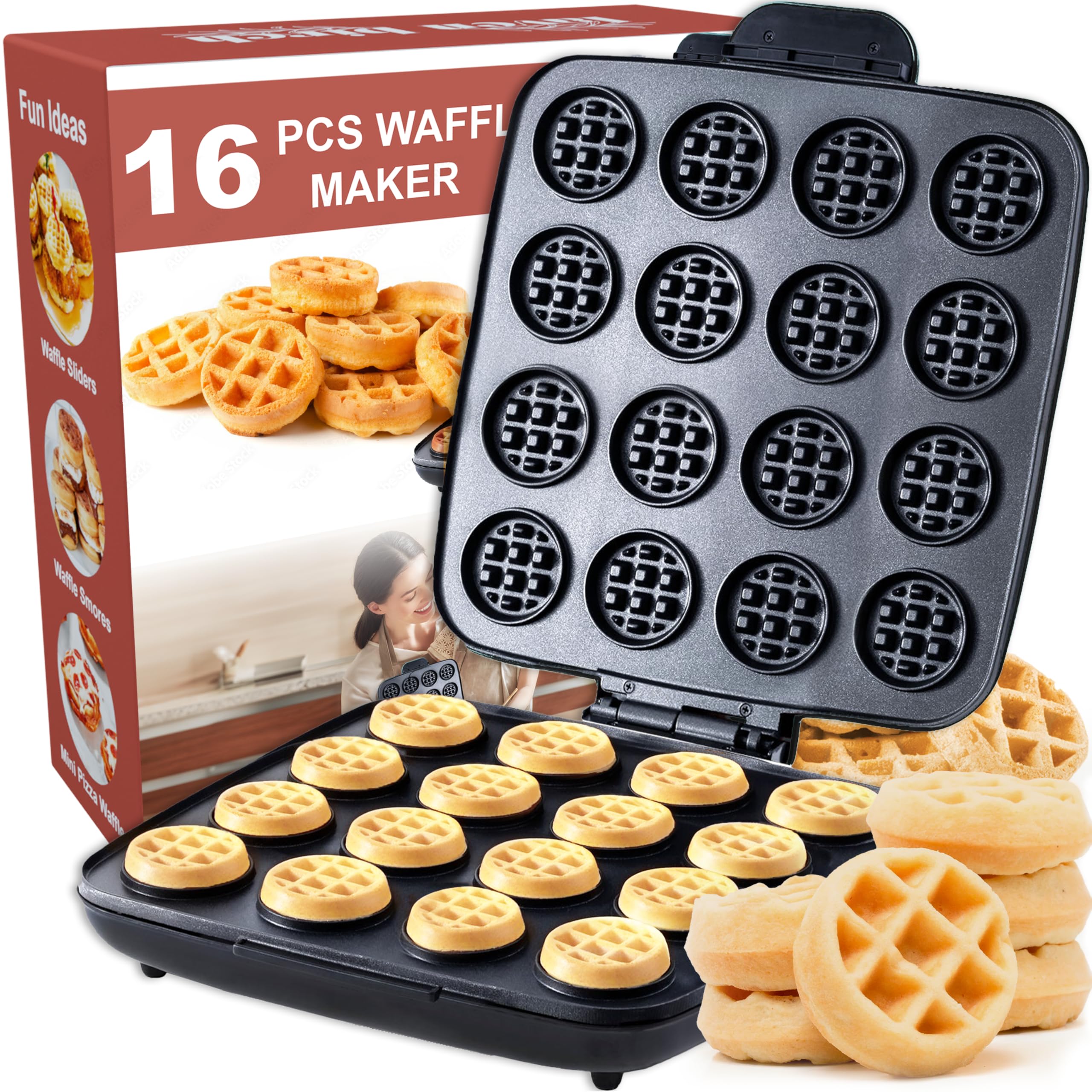 16 PCS Mini Waffle Maker Machine - Nonstick Quick Heat-Up Waffle Iron, Compact Chaffle Baker for Home & Restaurant Use - Perfect for Kids' Small Bites, Breakfast, Desserts & Snacks - Ideal for Family Gatherings, Brunch Parties & Quick Meals