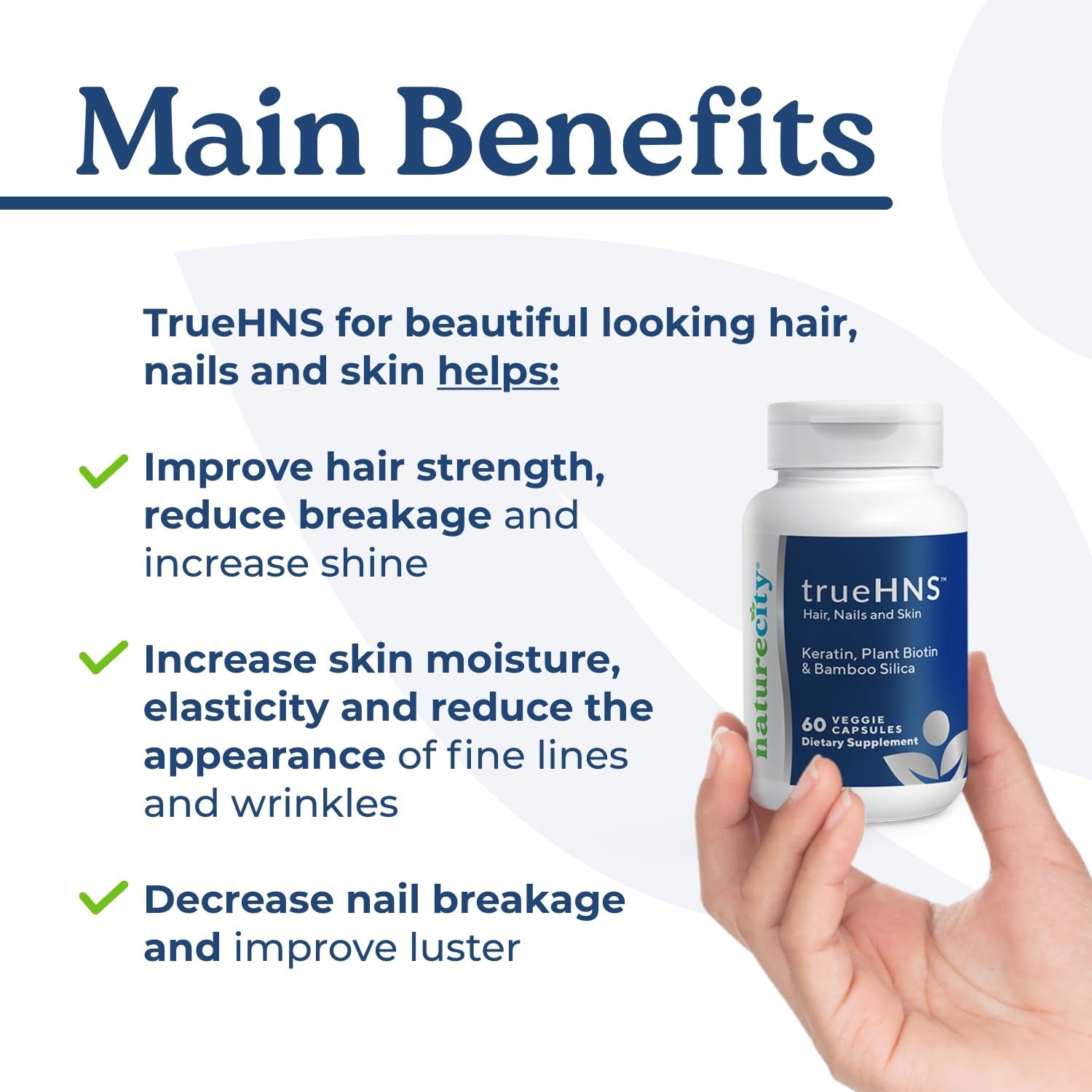 NatureCity True-HNS Hair, Nails & Skin Supplement with Cynatine Keratin & Plant-Based Biotin | Non-GMO Vegan Capsules for Fuller, Stronger Hair & Nails | 60 Veggie Capsules | Perfect for Daily Beauty Routine & Hair Growth Support
