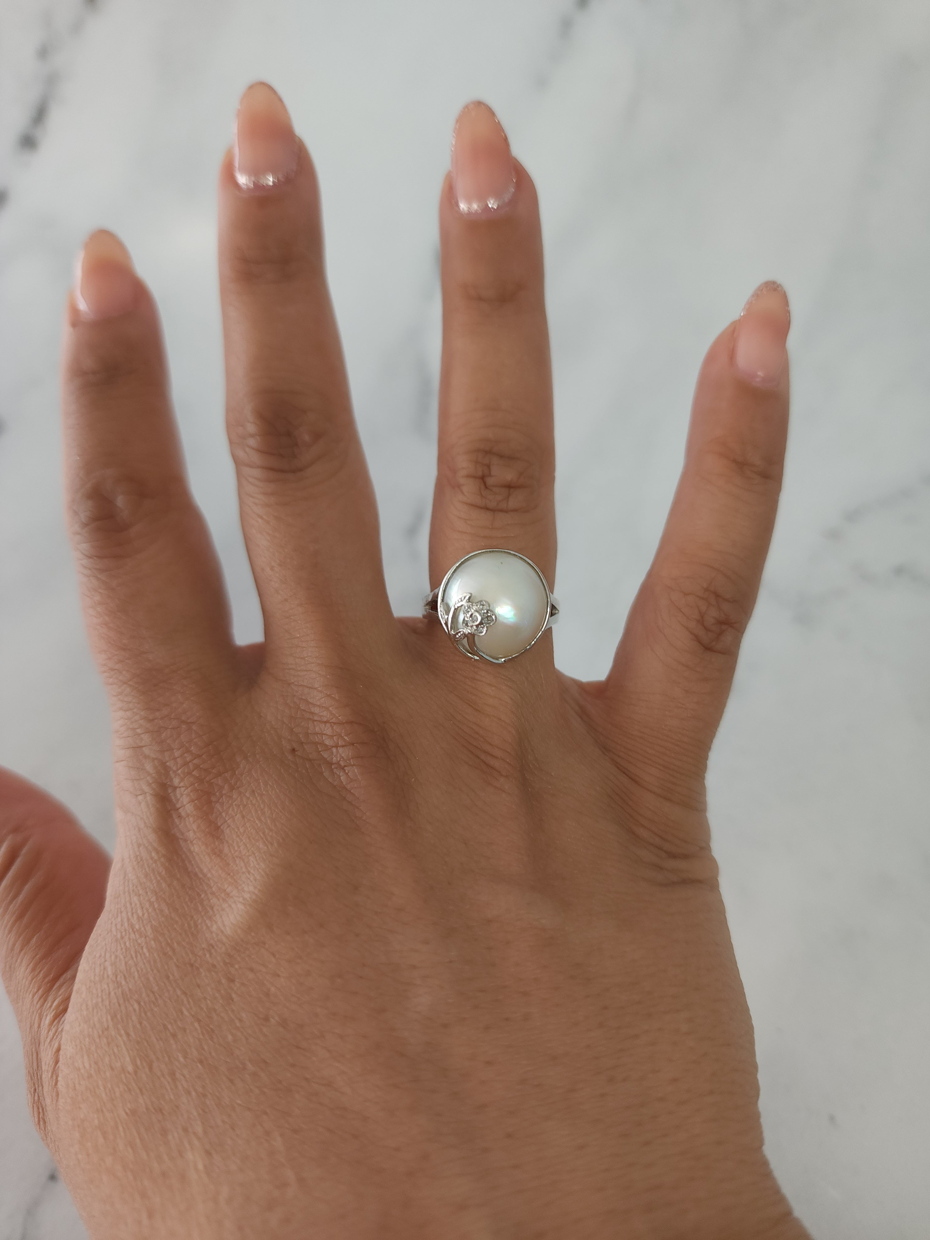 14K White Gold Mabe Pearl and Diamond Floral Ring - Elegant Jewelry for Weddings, Anniversaries & Special Occasions