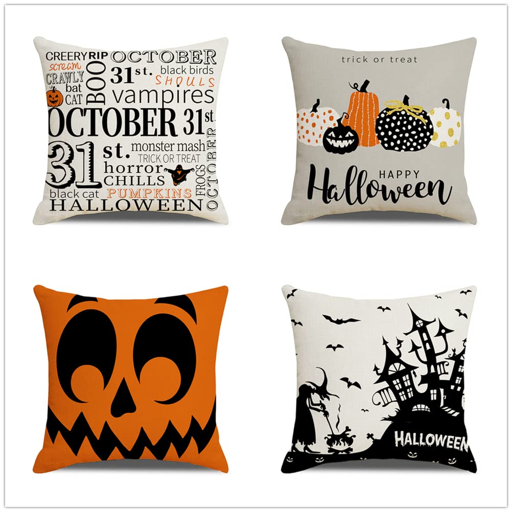 4 Pack 24x24 Inch Cotton Linen Square Pillow Covers with Zipper - Soft Decorative Throw Pillow Cases for Couch, Sofa, Living Room & Bedroom - Perfect for Halloween Pumpkin Decor and Seasonal Home Accents
