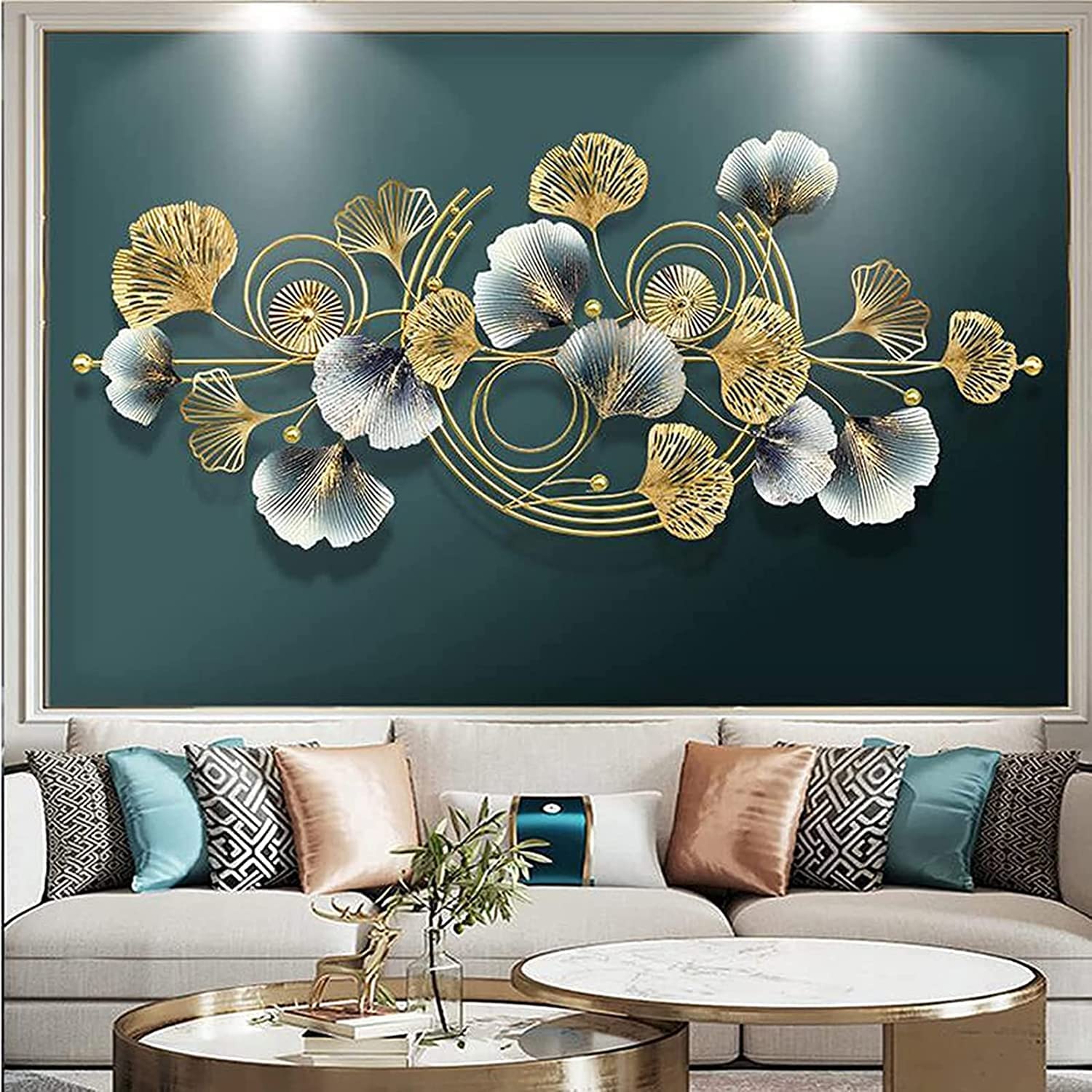 3D Golden Ginkgo Leaves Metal Wall Art - Modern Large Wall Sculpture Décor for Living Room & Office (118x49cm) - Perfect for Home, Hotel, and Restaurant Interior Design