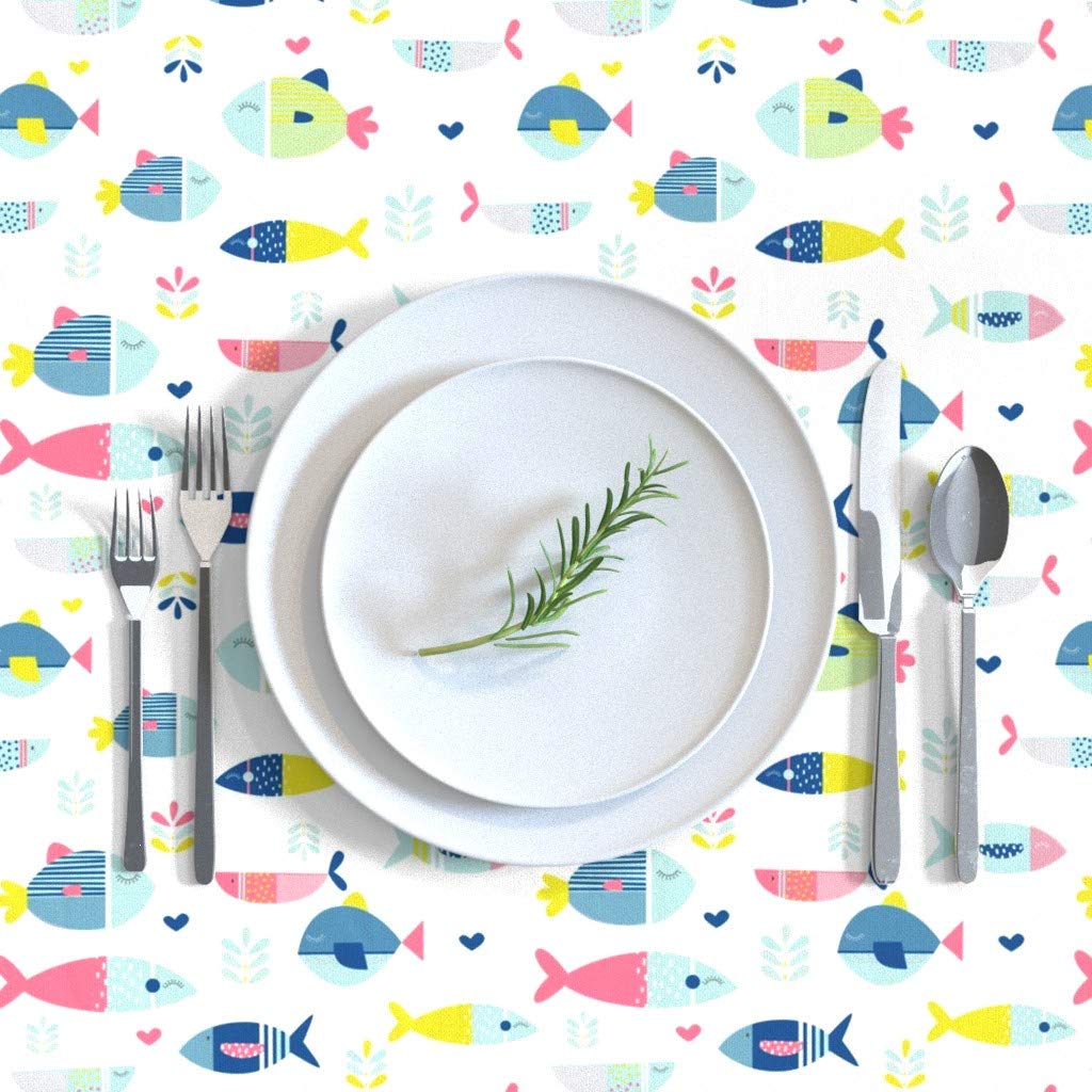 Custom Fish Rainbow Ocean Animals Nautical Kawaii Geometric Print Cotton Sateen Tablecloth 70x120 Inches - Modern Gender Neutral Nursery Table Linens for Dining Room, Kitchen Decor & Party Table Setting