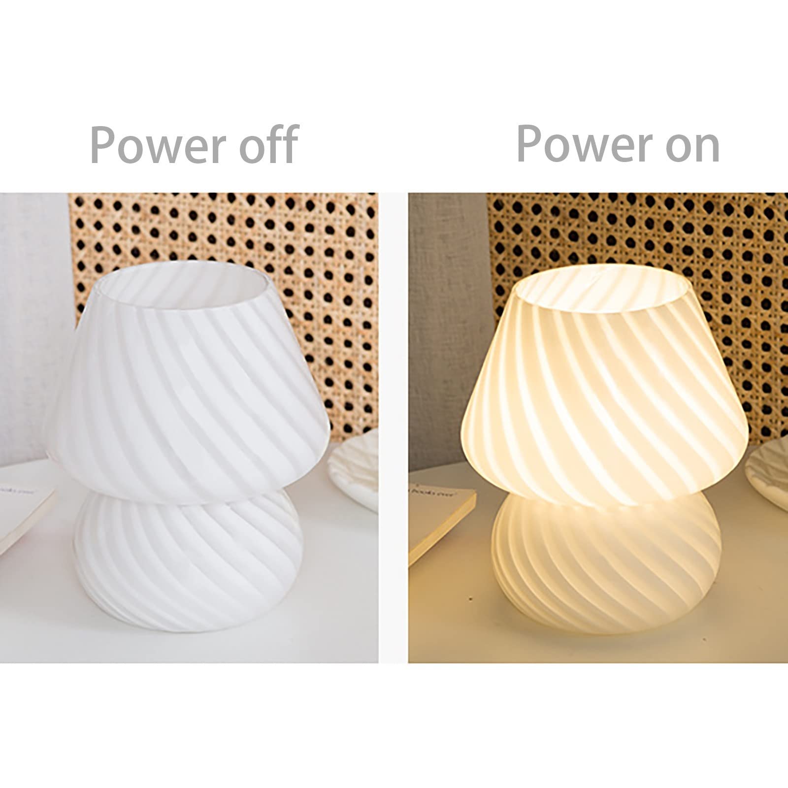 Mushroom Night Light - USB Powered Glass Table Lamp for Bedroom, Nightstand, Home Decor, Party & Photo Props - Striped White Design - Perfect for Kids' Rooms, Nursery, and Cozy Ambiance Lighting