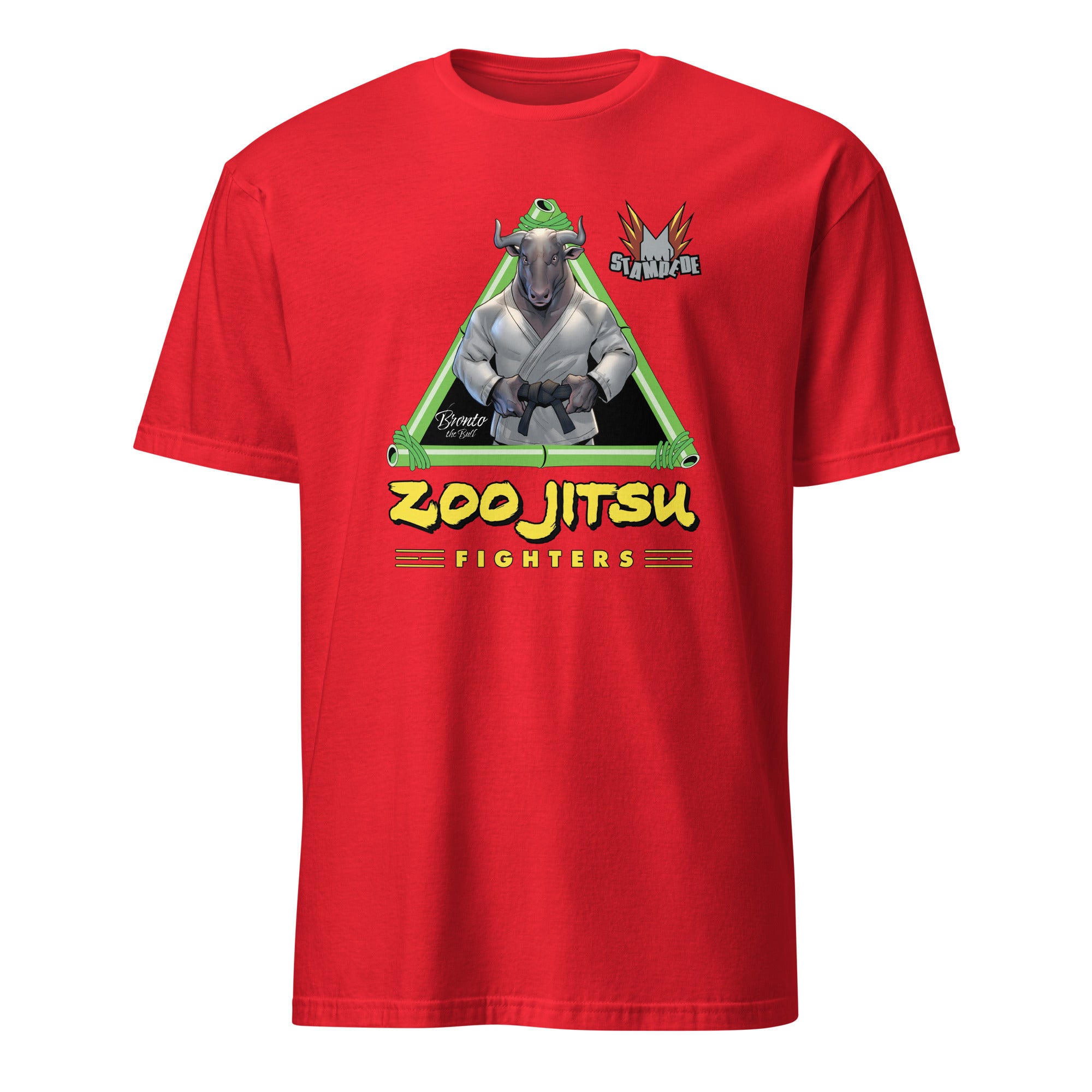 Zoo Jitsu Fighters Bronto the Bull Graphic T-Shirt - Unisex Short Sleeve Cotton Tee - Funny Animal MMA Shirt for Men & Women - Perfect for Gym, Casual Wear & Gifts
