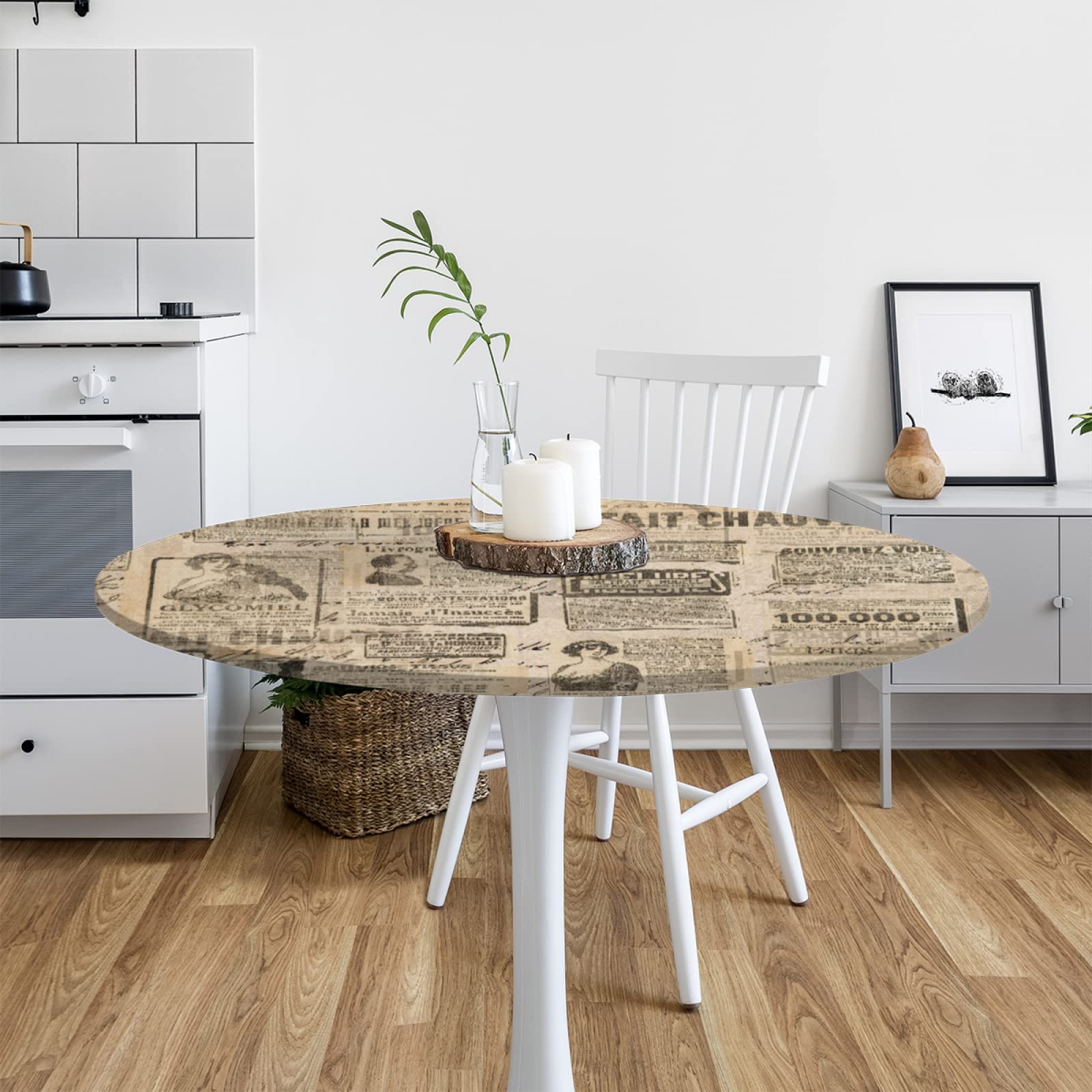 Vintage Newspaper Print Vinyl Tablecloth - Elastic Edged Waterproof Wipeable Round Table Cover for 45