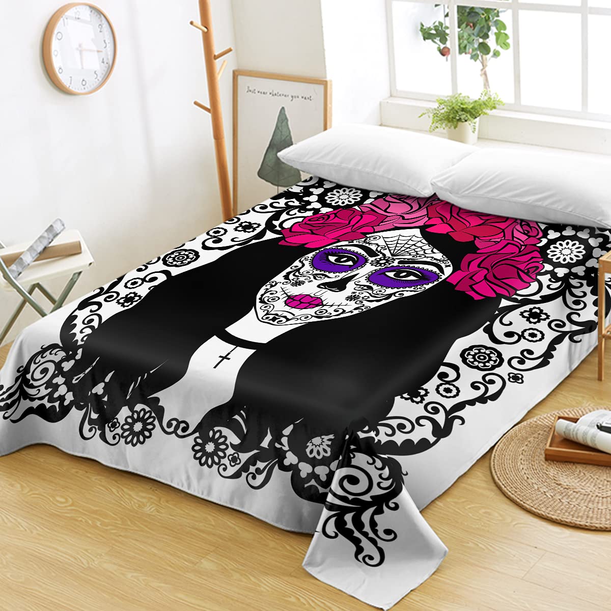 Sleepwish Sugar Skull Girl Flat Sheet Set - Soft Brushed Microfiber Bedding with Mexican Day of The Dead Design in Black, White & Pink - Perfect for Twin Beds, Dorm Rooms & Themed Bedrooms