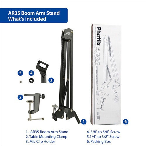 Phottix AR35 Adjustable Desktop Boom Arm Stand for Microphone, Podcast & Streaming - Perfect for Home Studio, Gaming & Office Setup