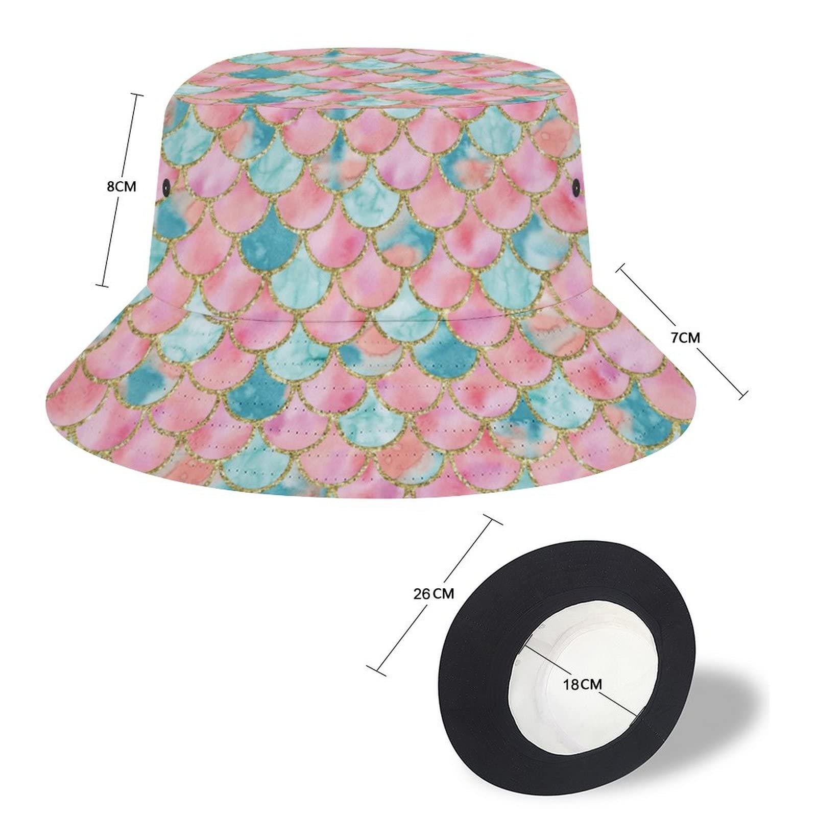 Watercolor Mermaid Scales Glitter Bucket Hat - UV Protection Unisex Summer Beach Hat for Women & Men - Perfect for Outdoor Travel, Fishing, and Festival Fashion