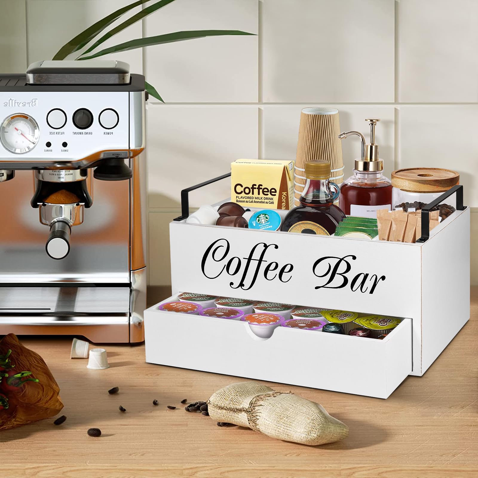 Wooden Coffee Bar Organizer with Handle & Drawer - K-Cup Storage Basket, Coffee Pod Holder & Condiment Organizer - Farmhouse-Style Countertop Coffee Station for Home, Office & Kitchen Decor