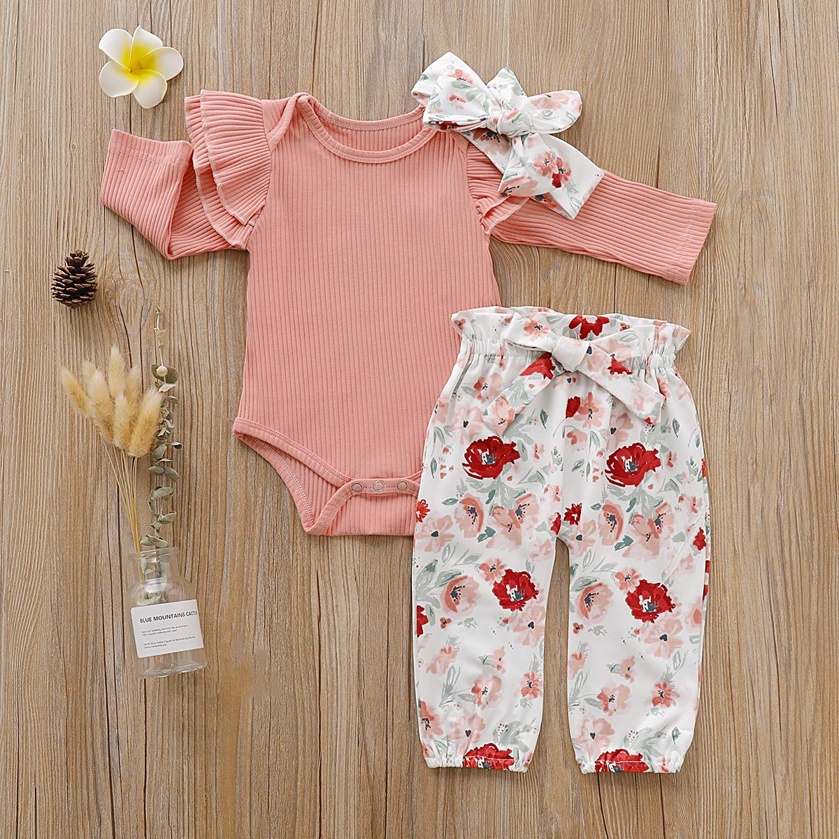 3PCS Baby Girl Clothes Set - Newborn Toddler Romper Bodysuit Jumpsuit with Floral Pants Outfit | Soft Cotton Infant Outfits for Playtime, Photo Shoots & Daily Wear