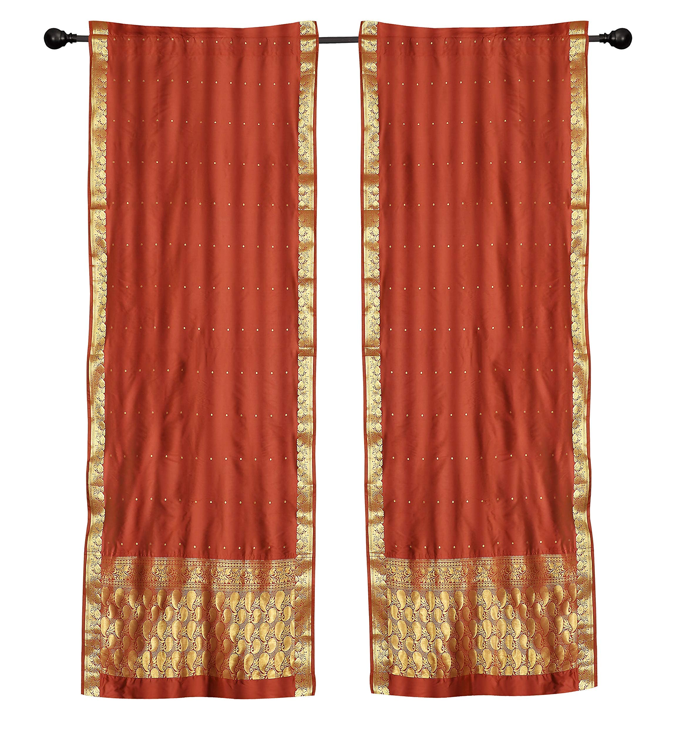 Boho Rust Indian Sari Rod Pocket Cafe Curtains for Kitchen Windows - 43 Inch Wide x 36 Inch Long - Perfect for Boho Home Decor, Farmhouse Style Kitchens and Cozy Coffee Shops