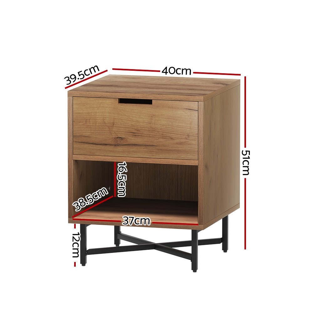 Industrial Style Oak Bedside Table with Drawer - Nightstand for Bedroom, Living Room & Office - Rustic Wood Night Stand with Storage