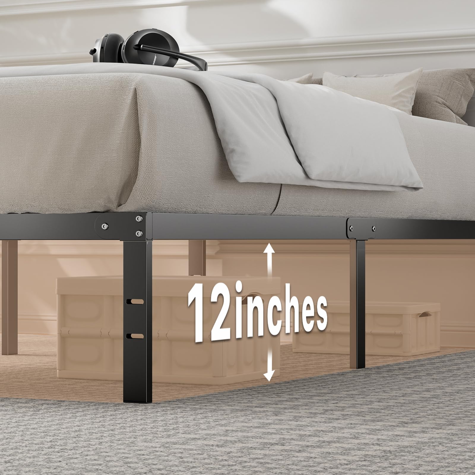 DUMOS Twin Size Metal Platform Bed Frame with Steel Slat Support - No Box Spring Needed, Under Bed Storage Space, Easy Assembly, Black - Perfect for Kids Rooms, Guest Beds & Small Apartments