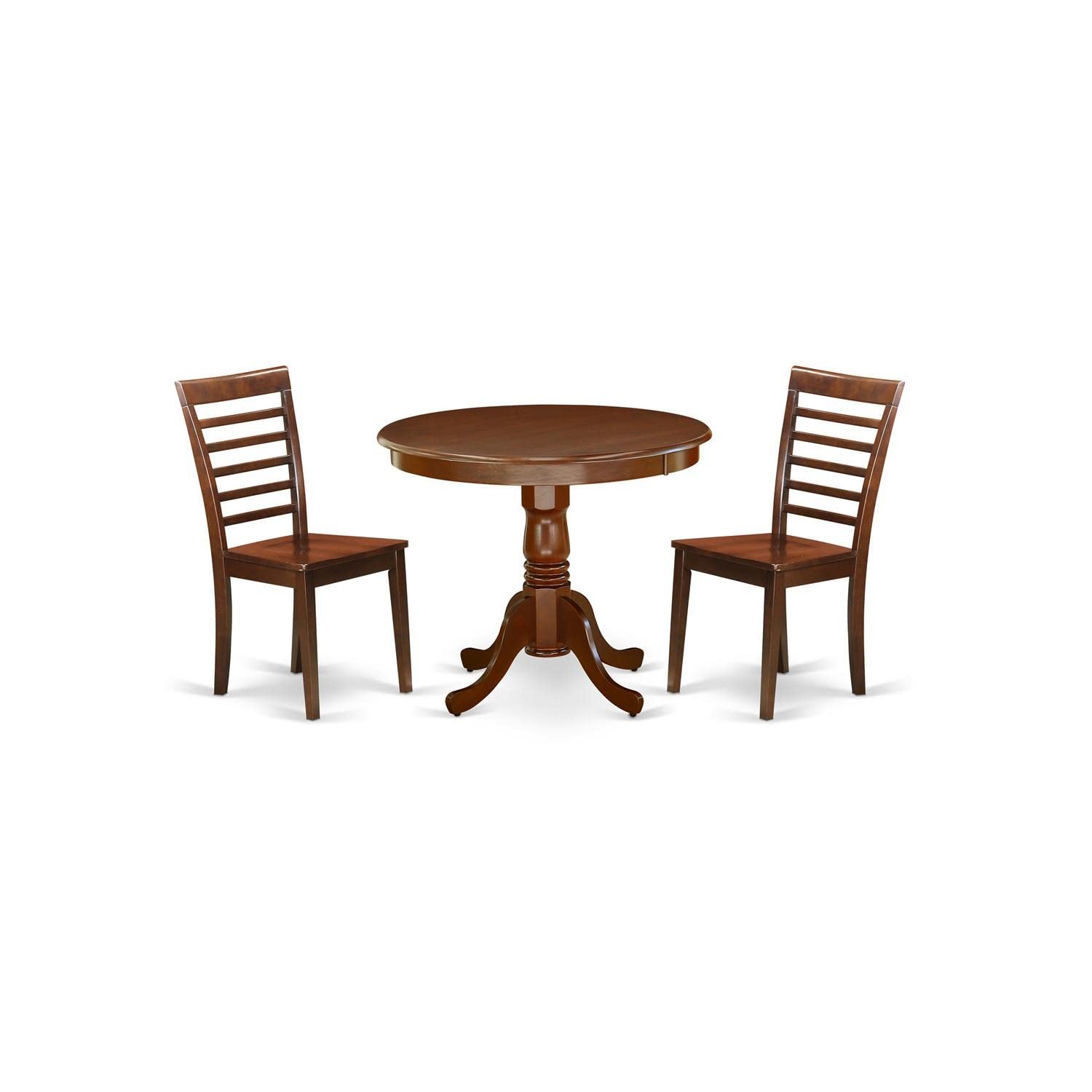 East West Furniture ANML3-MAH-W 3-Piece Modern Round Dining Table Set with Pedestal Base & 2 Chairs - 36x36 Inch Mahogany Finish - Perfect for Small Kitchens, Breakfast Nooks & Compact Dining Spaces