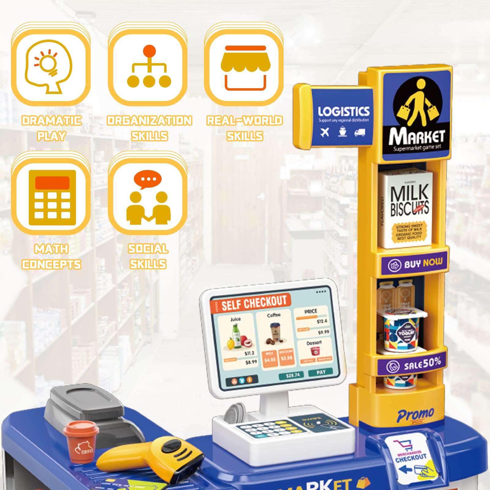 **deAO Pretend Play Grocery Store Toy Set for Kids - Supermarket Role Play with Shopping Basket & Cash Register - Christmas & Birthday Gift for Boys & Girls (Blue) - Perfect for Learning & Imaginative Play**