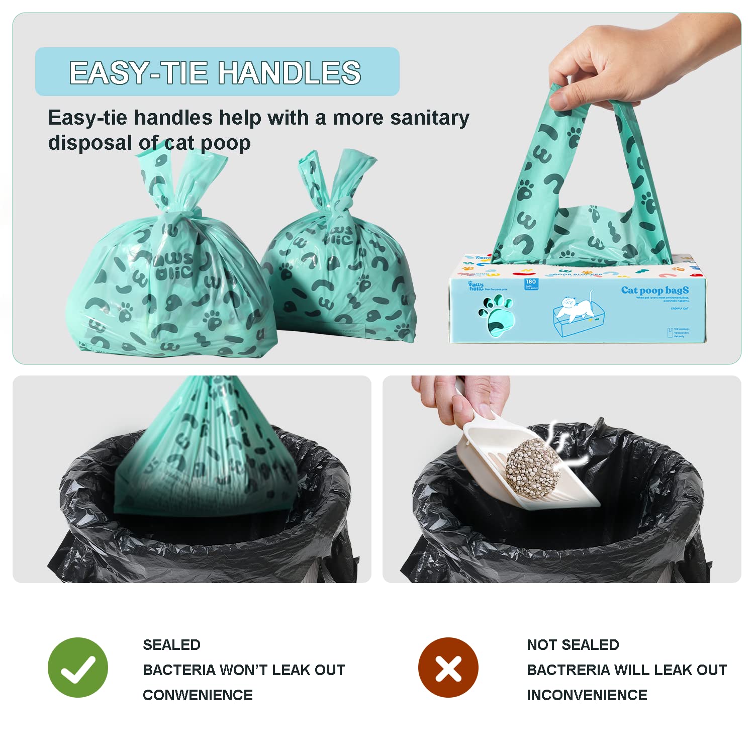 Eco-Friendly Cornstarch Cat Poop Bags with Handles - 180 Count Extra Thick Leak Proof Pet Waste Bags | Lavender Scented Biodegradable Dog & Cat Litter Bags for Easy Cleanup at Home, Park or Travel