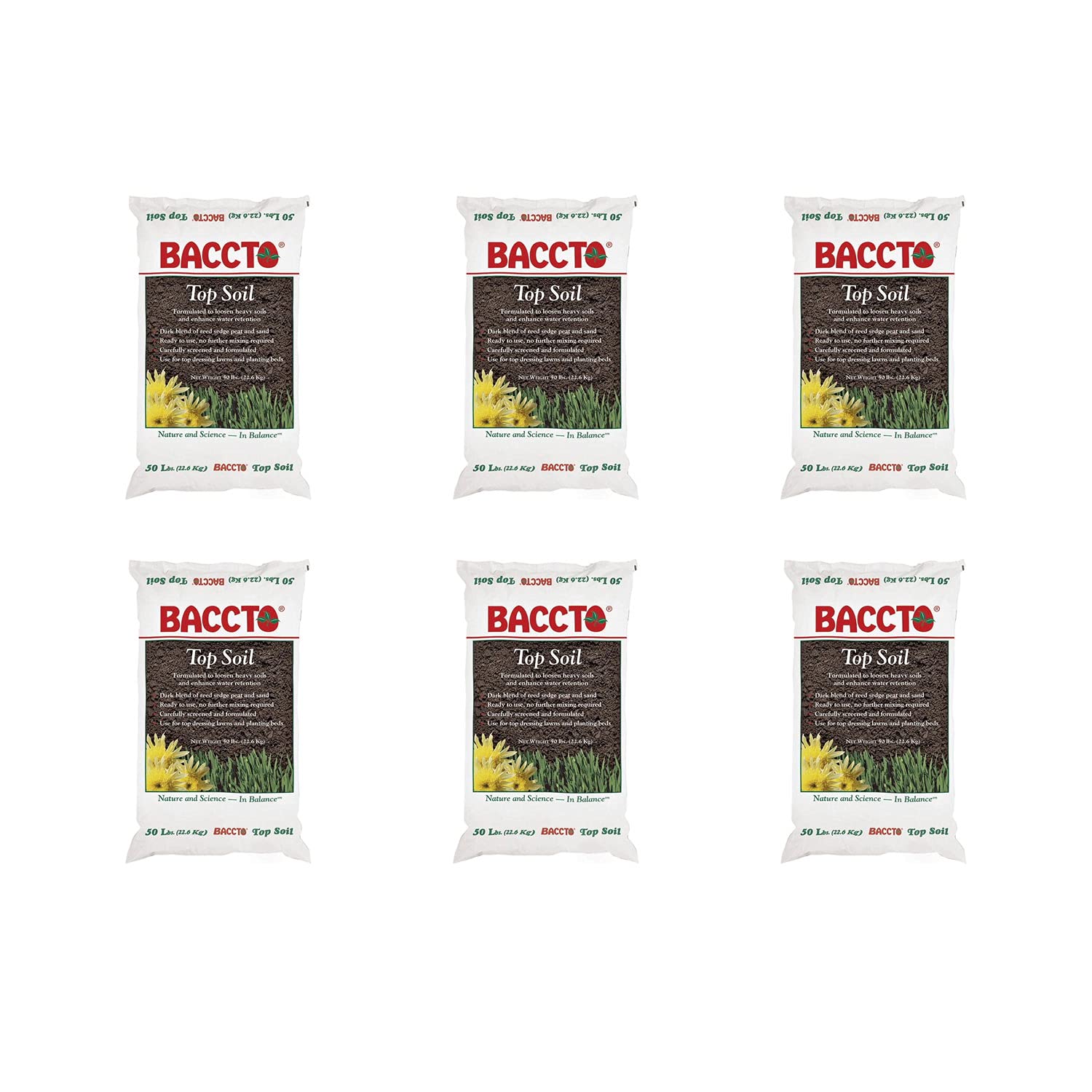 Premium 1550P Baccto Top Soil - 50 lbs (6 Pack) for Lawns, Gardens & Raised Beds | Reed Sedge, Peat & Sand Blend | Ideal for Landscaping, Vegetable Planting & Flower Beds