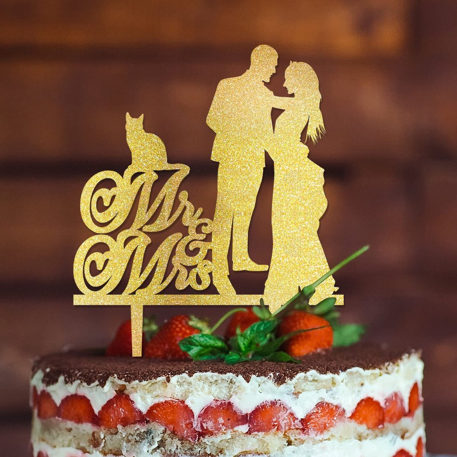 Custom Gold Acrylic Wedding Cake Topper - Mr & Mrs Silhouette with Sphynx Cat & Yorkshire Terrier | Bride & Groom Cake Decor for Wedding, Anniversary & Special Occasions