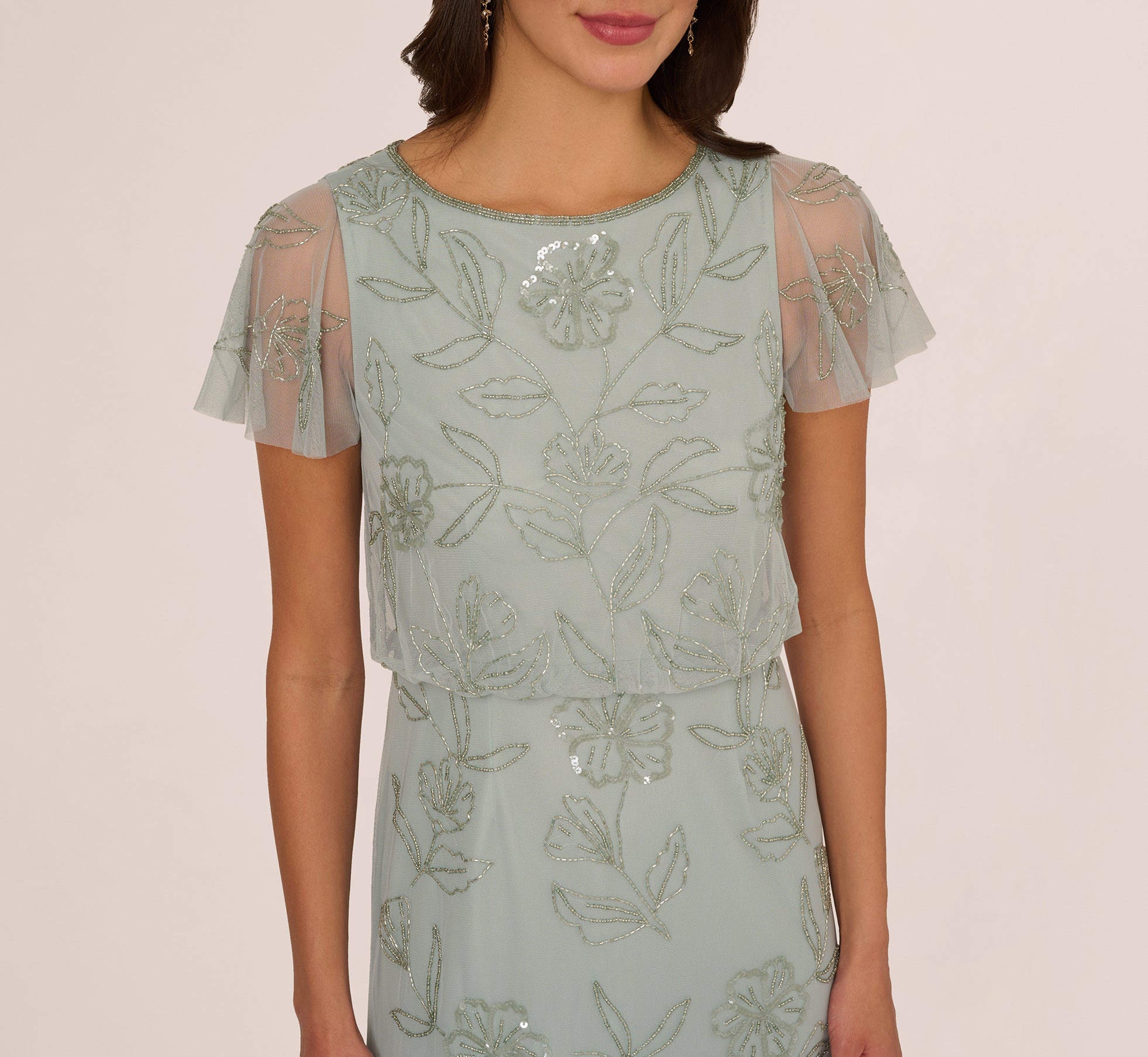 Elegant Flutter Sleeve Floral Beaded Blouson Gown in Aqua Dust - Perfect for Weddings, Parties & Special Occasions