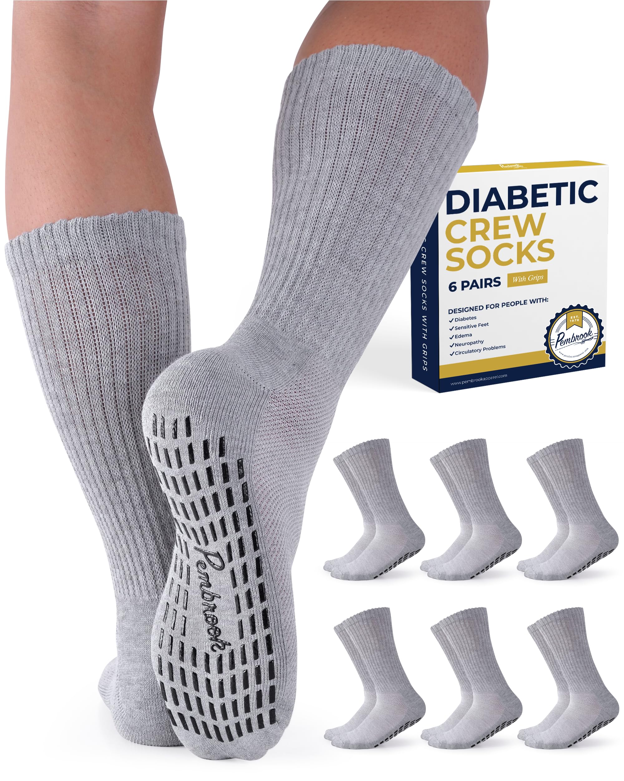 Pembrook 6 Pairs Diabetic Socks with Non-Slip Grippers for Men & Women - Breathable Neuropathy & Edema Relief Socks in 12 Colors | Perfect for Diabetes, Swelling & Circulation Support - Ideal for Daily Wear, Work & Home Comfort