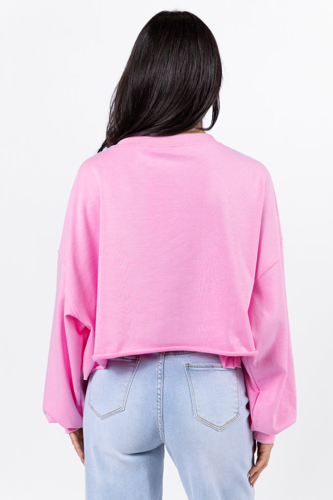 Pink Sequin Bow Patch Cropped Sweatshirt for Women - Trendy Wrapped Around My Finger Design - Perfect for Parties, Date Nights & Casual Outfits - Final Sale