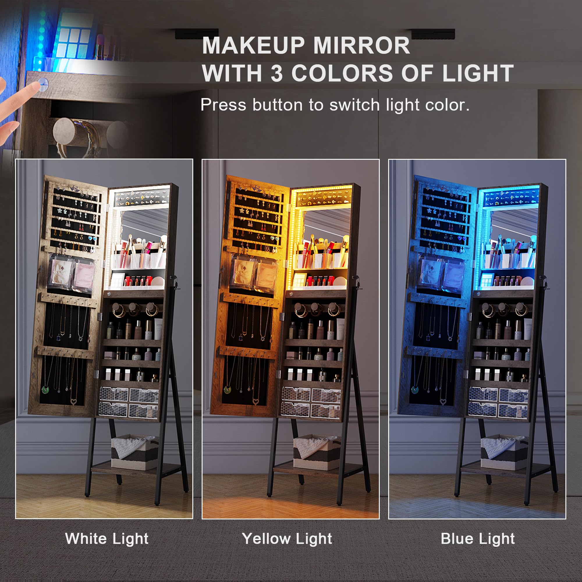 HNEBC LED Mirror Jewelry Cabinet with Lock - Full Length Standing Jewelry Armoire Organizer with Adjustable Lights & Storage | Perfect Christmas Gift for Women | Ideal for Bedroom, Dressing Room & Vanity (B-Brown)