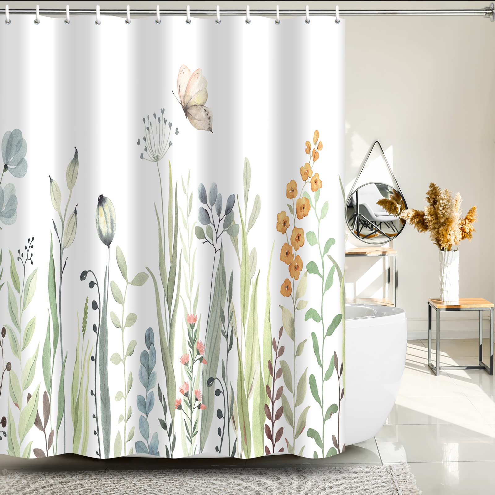 Ameyahud Waterproof Floral Shower Curtain - Green Leaf & Flower Bathroom Decor with 12 Hooks | Botanical Watercolor Fabric for Bathtub & Shower | Perfect for Spring Refresh & Spa-Like Bathroom Retreat