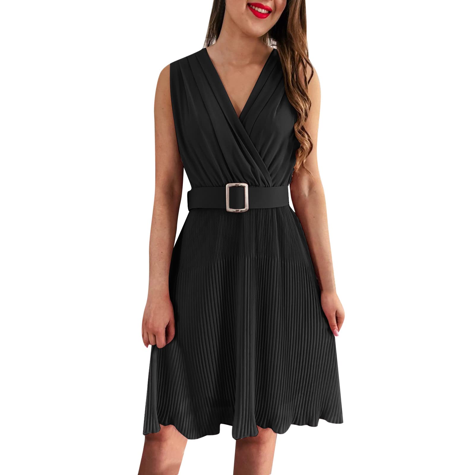 Women's Floral Print Sleeveless V-Neck Midi Dress with Belt - Boho Summer Casual & Party Wear - Perfect for Beach Vacations, Date Nights and Outdoor Events (Black)
