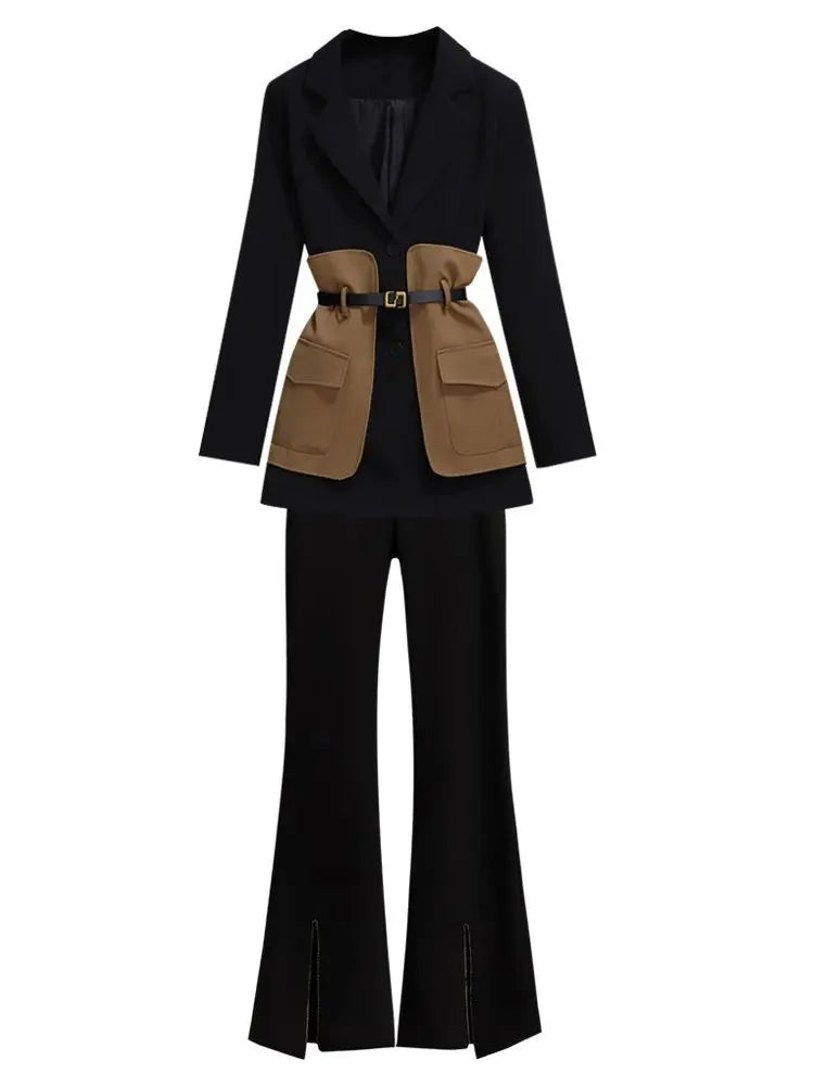 2023 Women's Spring Patchwork Belted Jacket & Pants Suit - Elegant Office Blazer Set for Business Casual Outfits | Professional Workwear & Stylish Business Attire