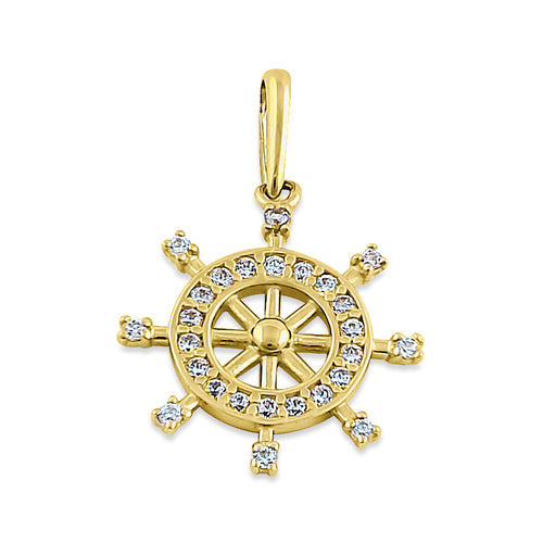 14K Solid Yellow Gold Ship's Wheel CZ Pendant Necklace - Nautical Jewelry for Women, Perfect Gift for Sailors & Beach Lovers