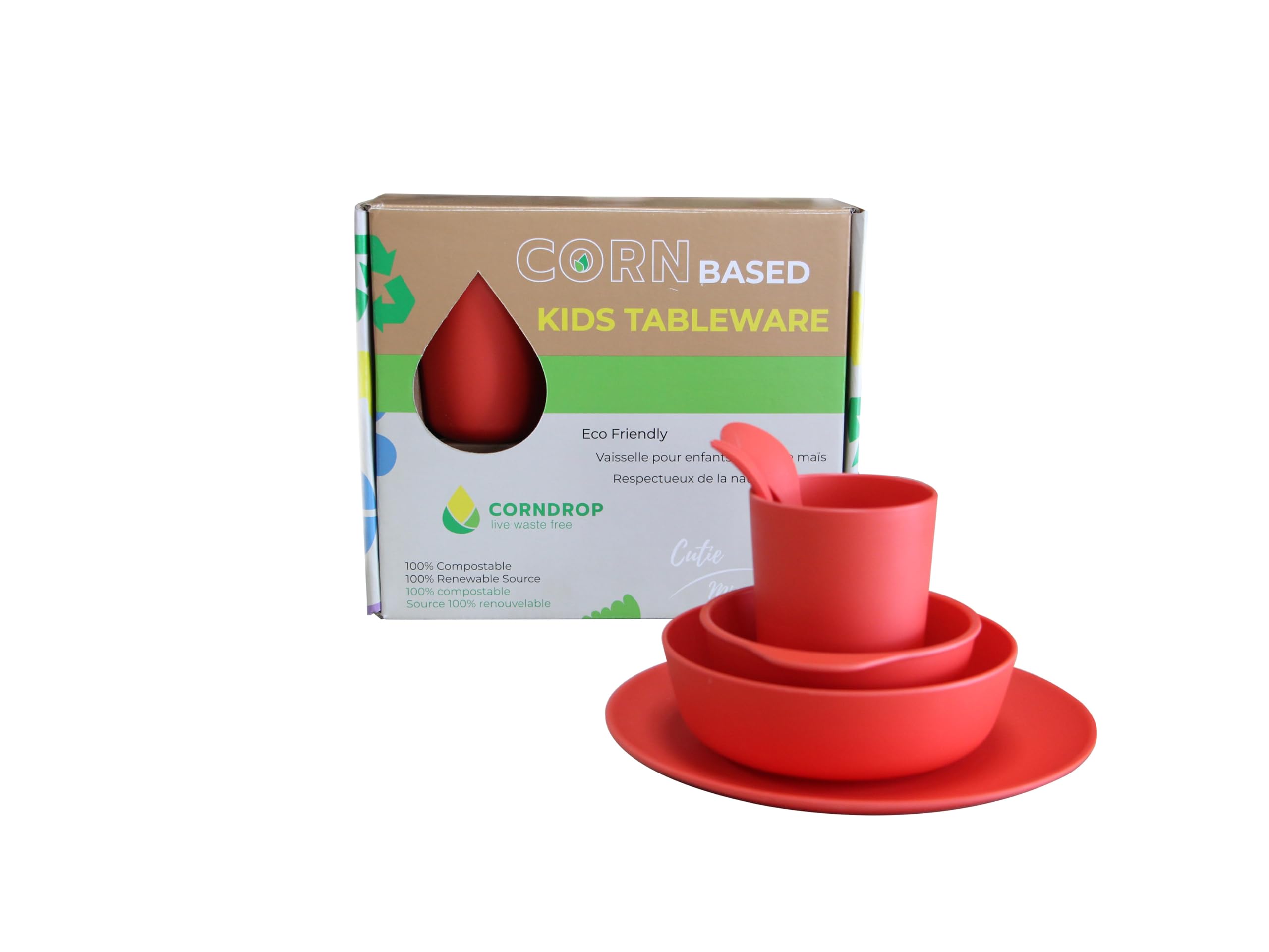Eco-Friendly PLA Kids Dinnerware Set - BPA & PVC Free, Biodegradable Plates, Bowls, Cups & Utensils (6-Piece Red Set) | Perfect for School Lunches, Picnics & Family Meals