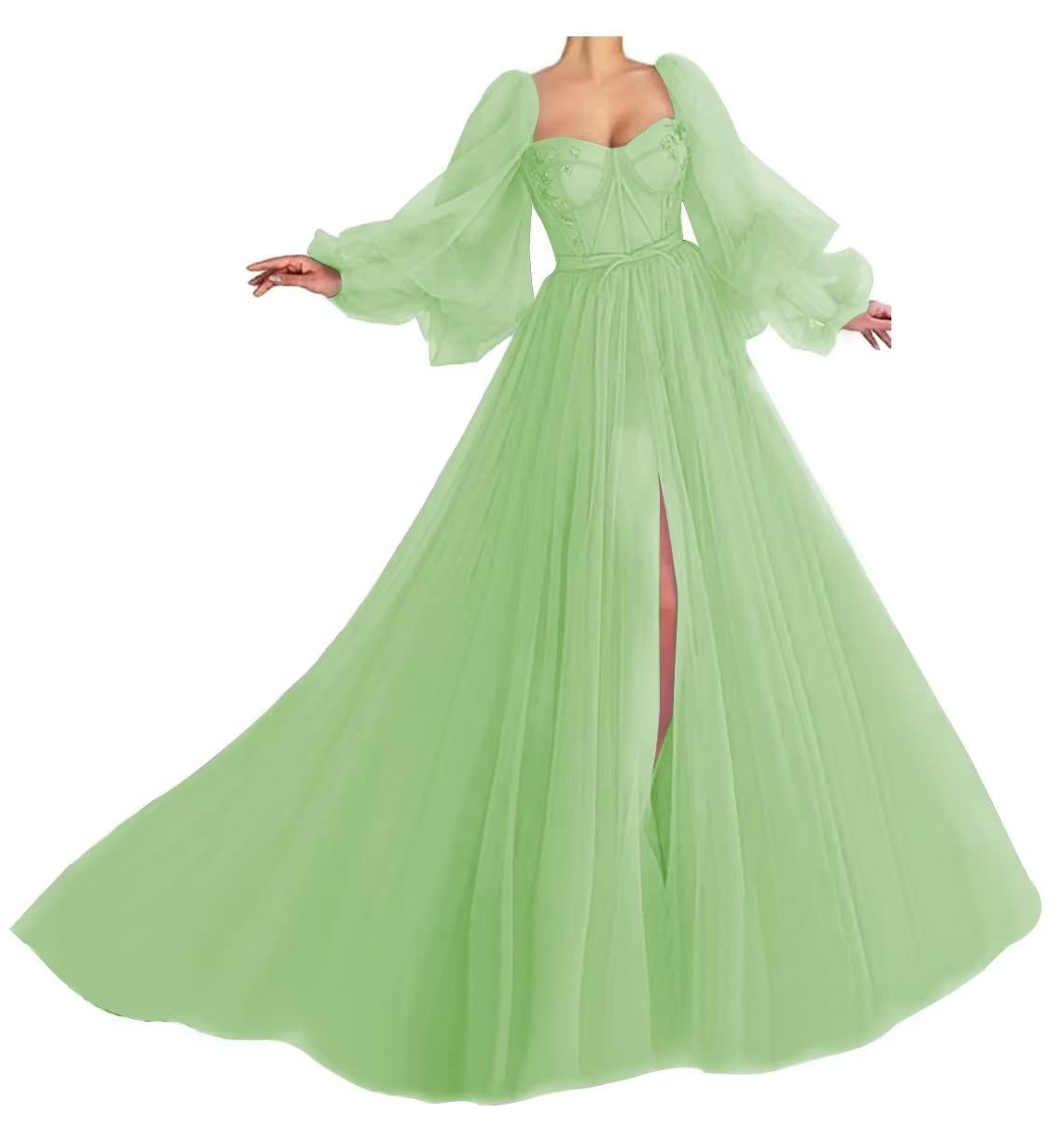 Elegant Sage Green Prom Dress with Puffy Sleeves - Plus Size 26 Ball Gown Tulle Dress for Women | Perfect for Homecoming, Photoshoots & Special Occasions