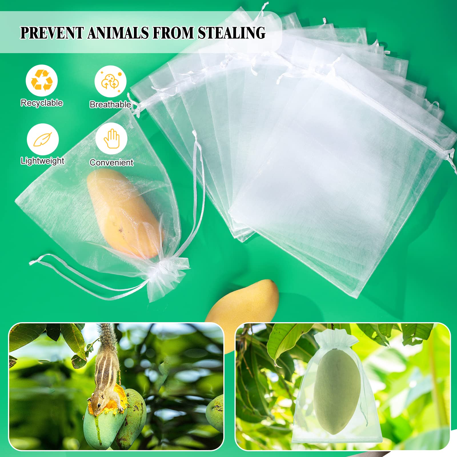 50 Pcs 8x12 Inch White Fruit Protection Bags with Drawstring - Breathable Mesh Netting Bags for Grapes, Mangoes, Apples & Garden Vegetables - Perfect for Organic Farming, Pest Control & Tree Protection