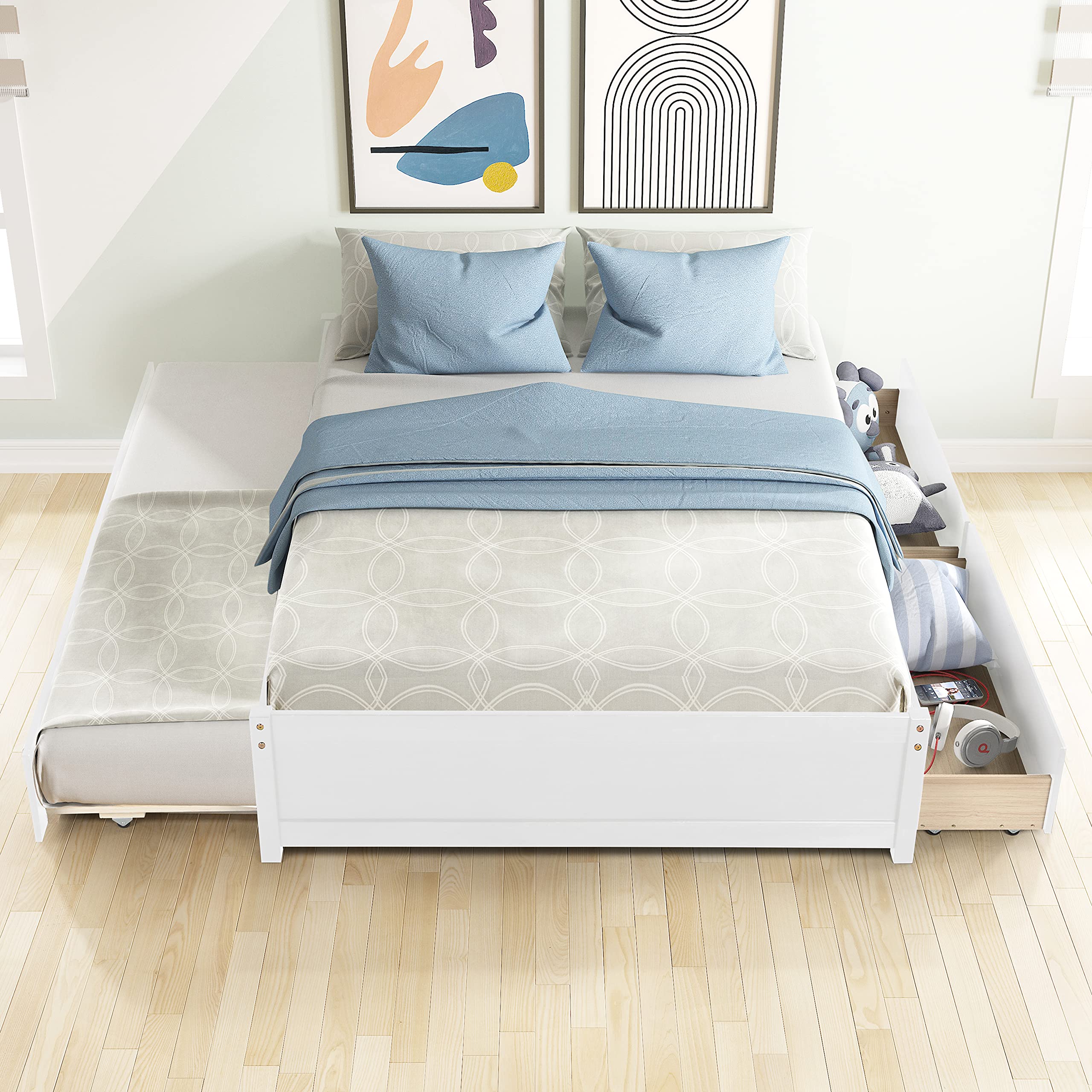 Solid Wood Full Size Platform Bed with Twin Trundle & 2 Storage Drawers - No Box Spring Needed - White - Perfect for Teens, Adults & Small Spaces - Ideal for Guest Rooms, Dorms & Apartments