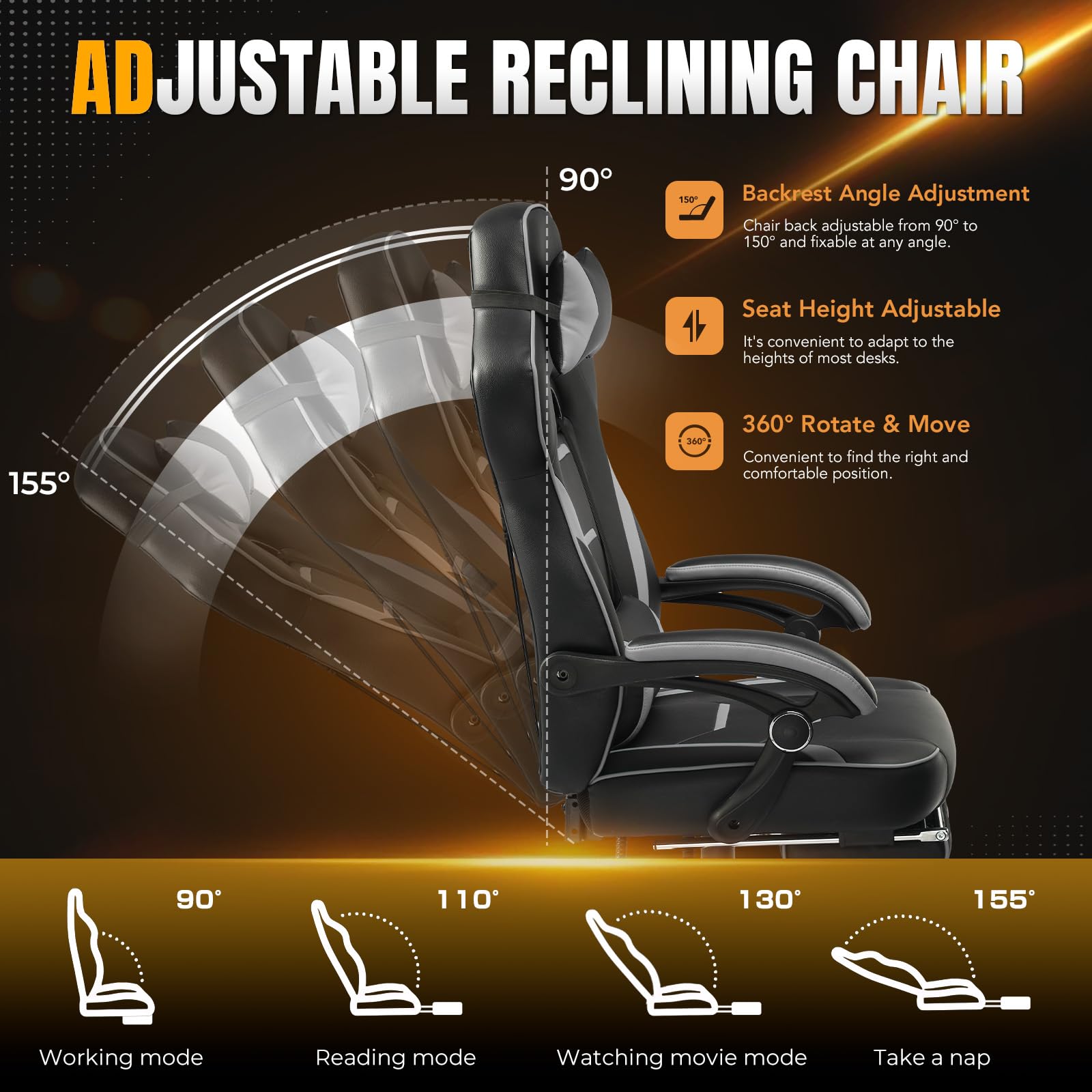 Premium Gaming Chair with Footrest - 350Lb Heavy Duty Ergonomic Computer Chair for Adults | High Back Office Chair with Lumbar Support, Swivel & Recliner | Perfect for Esports, Streaming & Home Office (Grey)
