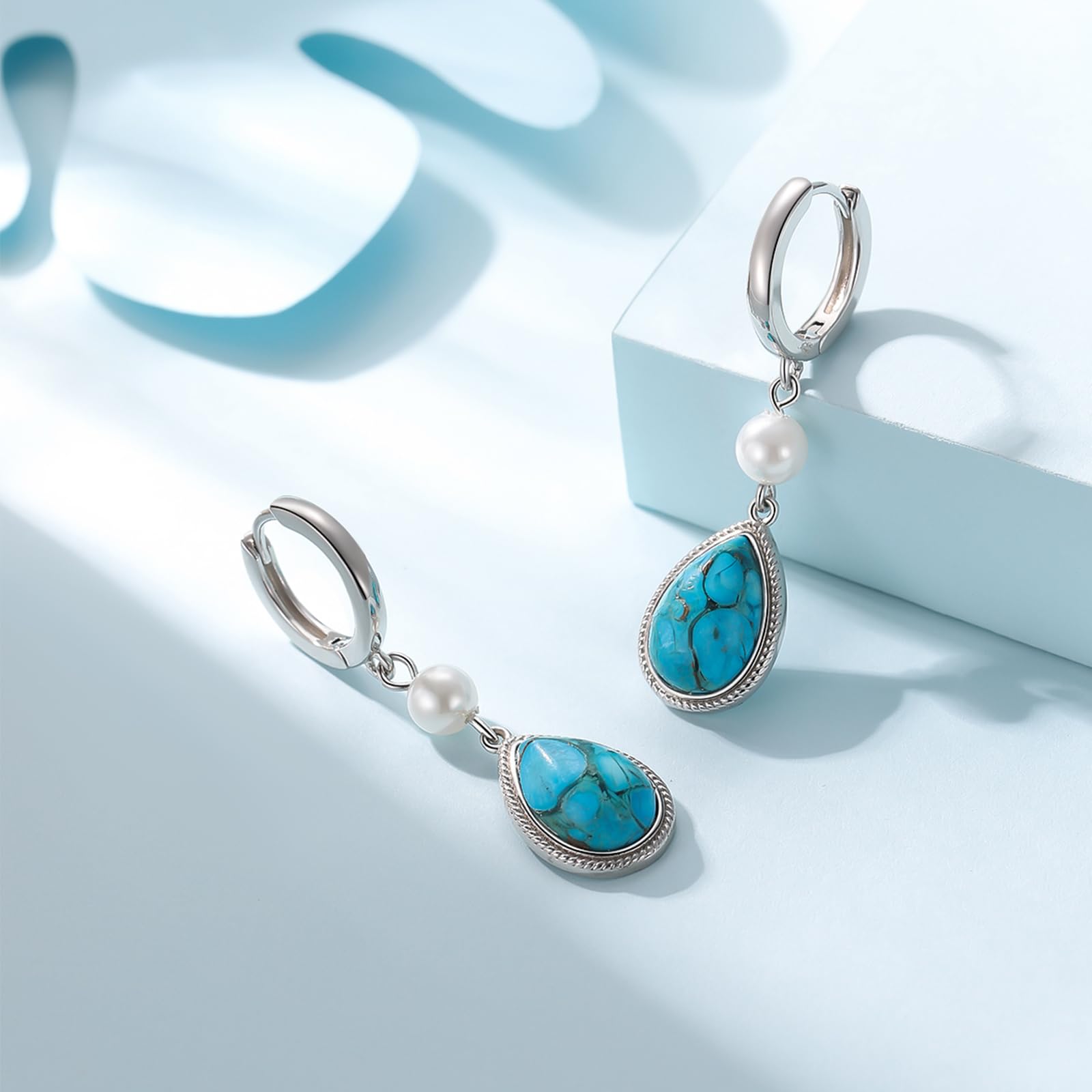 Turquoise Dangle Earrings for Women - S925 Sterling Silver Rectangle Leverback Gemstone Jewelry | Boho Chic Accessories for Parties, Weddings & Everyday Wear