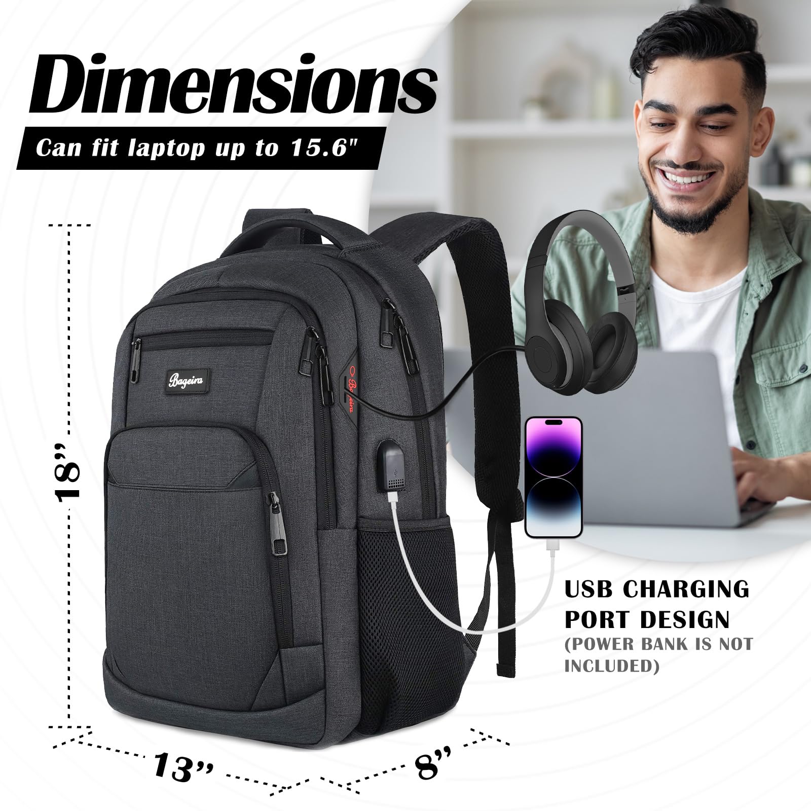 Anti-Theft USB Charging Backpack for Men & Women - 15.6 Inch Laptop Bookbag for School, College, Travel & Work - Durable Business Computer Backpack for Teens & Adults (Black) | Perfect for Commuting, Campus Life & Business Trips