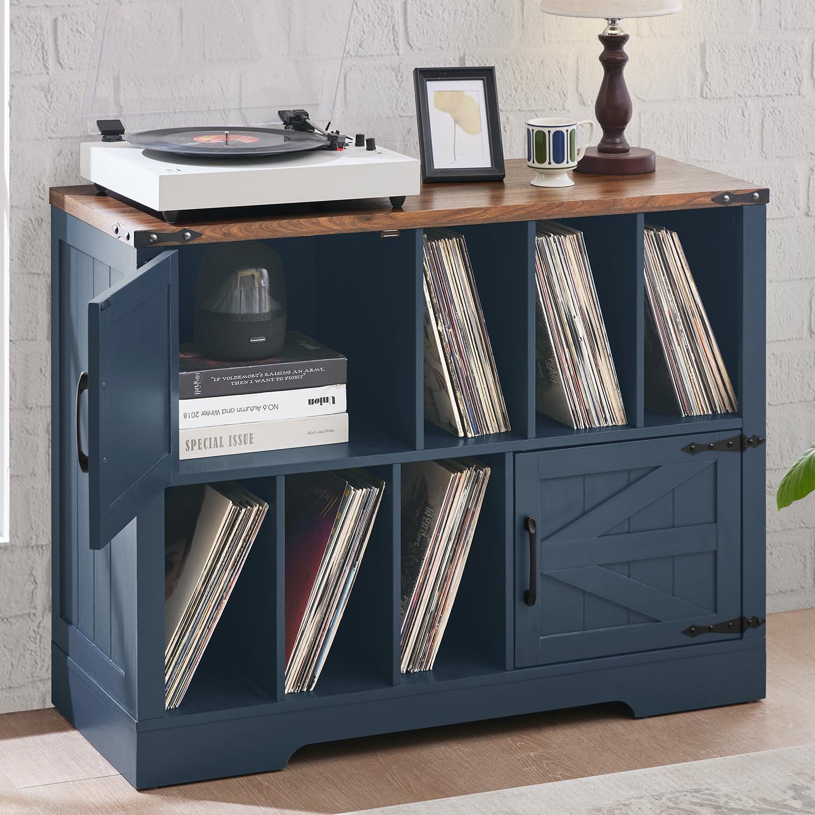 Vintage Mid-Century Turntable Stand - 39 Inch Farmhouse Wood Vinyl Record Storage Cabinet with Barn Doors, Holds 450 Albums, Navy Blue - Perfect for Living Room, Bedroom & Home Theater Setup