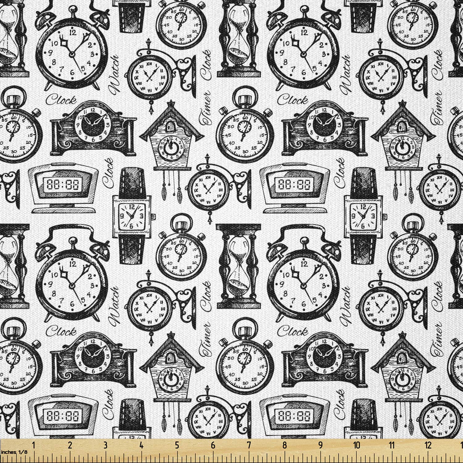 Ambesonne Vintage Monochrome Clock & Watch Fabric by The Yard - Hand Drawn Illustration Stretch Knit Material for DIY Clothing, Sewing & Arts Crafts (1 Yard, Black White) - Perfect for Home Decor, Quilting & Fashion Accessories