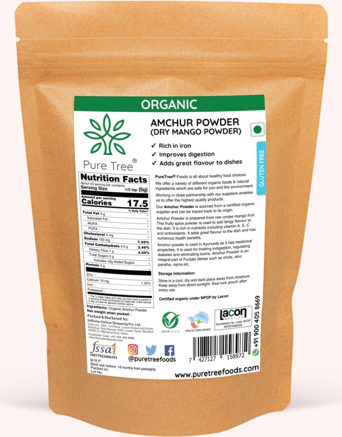 Pure Tree Certified Organic Amchur Powder (Dry Mango Powder) - 100g | Rich in Iron | USDA Organic for Chutney, Pickle, Fruit Salad & Smoothies | Vegan, Gluten-Free | Perfect for Indian Cooking & Healthy Recipes