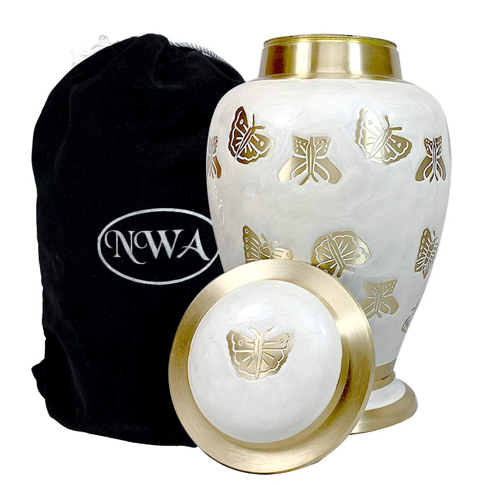 Personalized Butterfly Cremation Urn - Pearl White & Gold Adult Human Urn with Matching Keepsake & Velvet Bags for Memorial Services & Home Display