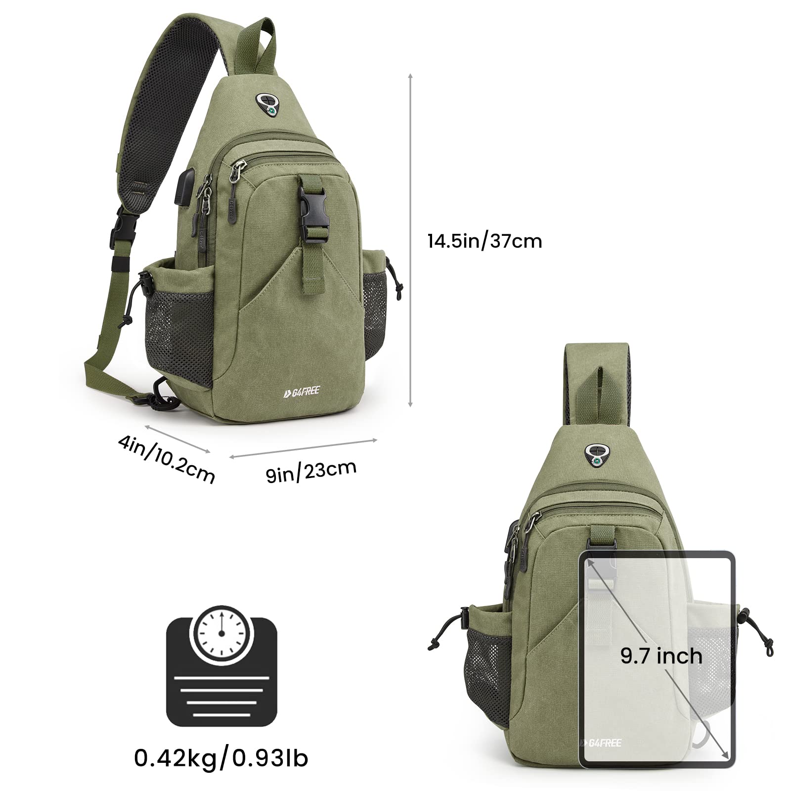 G4Free Canvas Sling Bag Crossbody Backpack with USB Charging Port & RFID Blocking - Lightweight Travel Daypack for Hiking, Commuting & Outdoor Activities (Unisex Design for Women & Men)