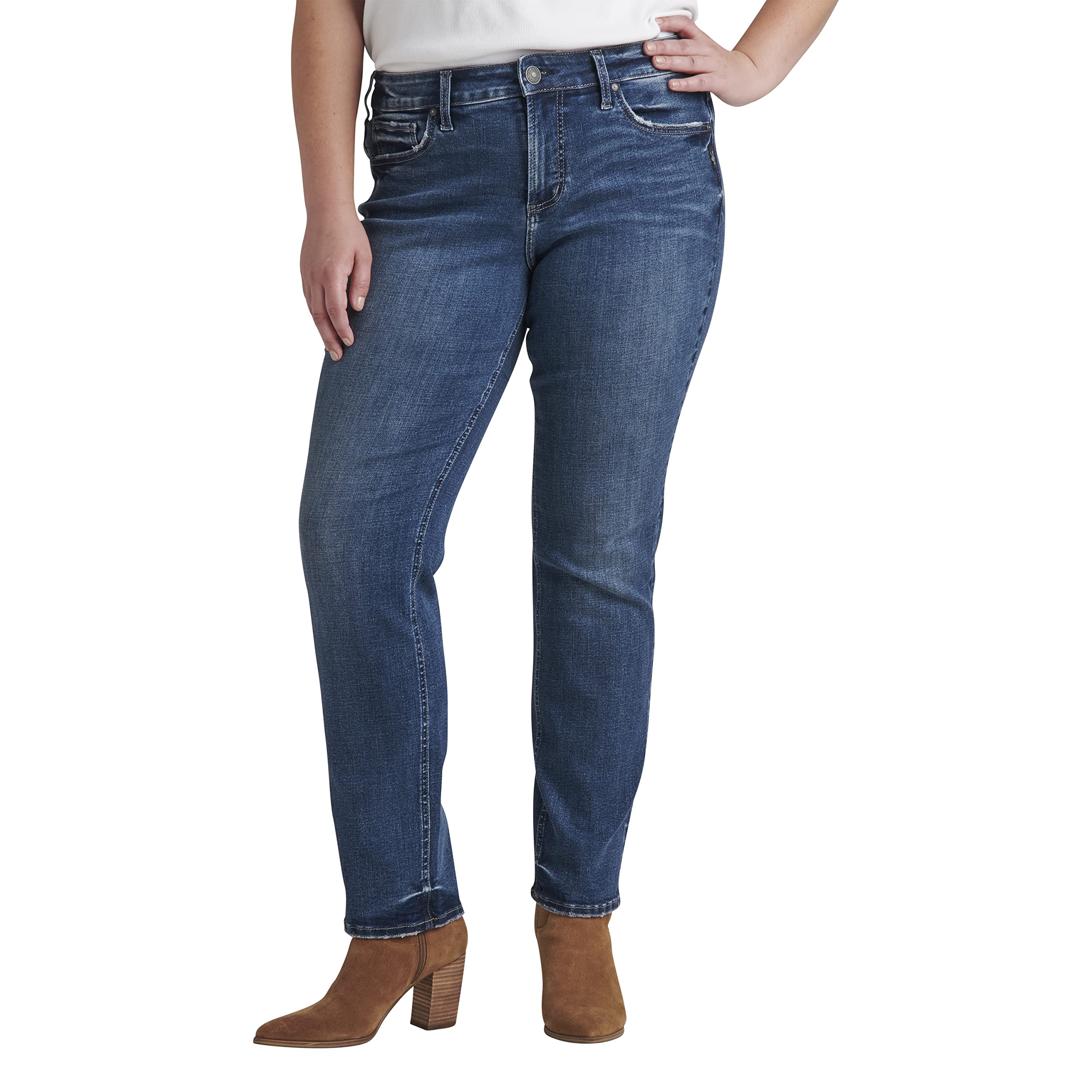 Silver Jeans Co. Women's Plus Size Suki Mid Rise Straight Leg Jeans - Comfortable Stretch Denim Pants for Casual Wear & Everyday Outfits