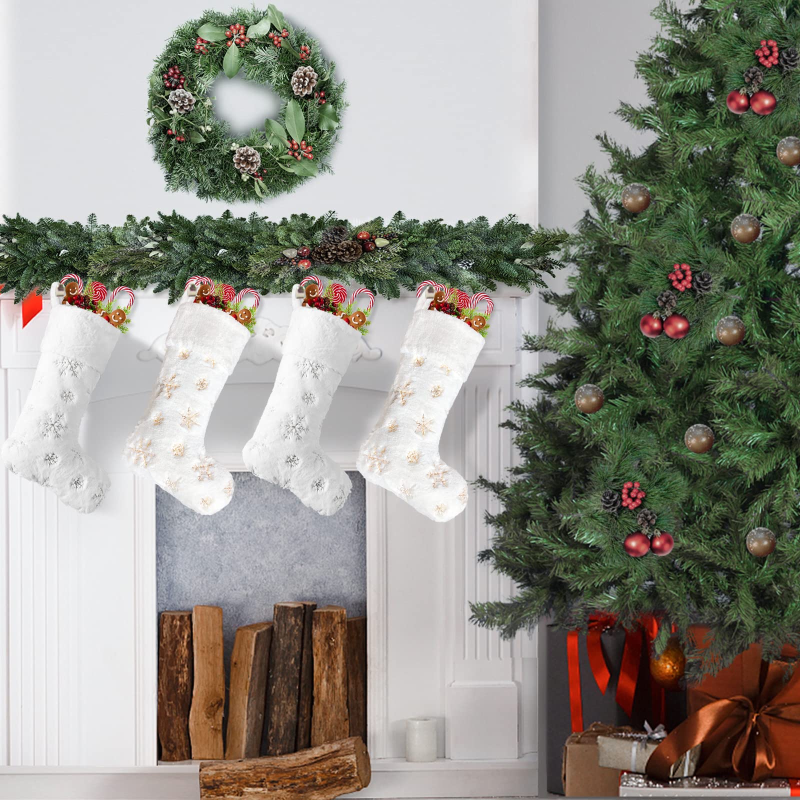 6 Pack Personalized Christmas Stockings with Names - 22 Inch Custom Embroidery Faux Fur Holiday Stockings (Gold/Silver Snowflake Designs) for Fireplace Mantel, Xmas Tree Decorations & Holiday Party Gifts
