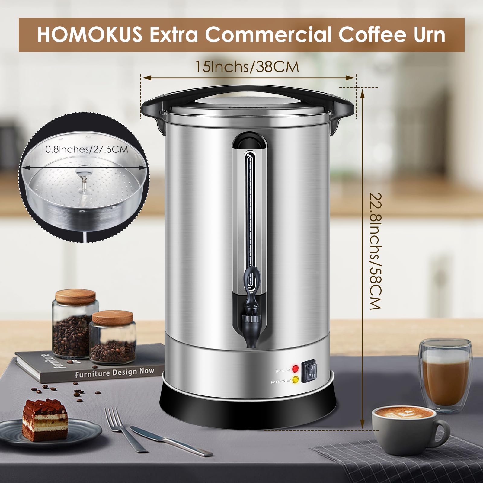 Commercial Coffee Urn 120 Cup (18L) - Extra Large Stainless Steel Hot Water & Coffee Urn - 1500W Quick Brew Electric Percolator for Parties, Events & Catering - Perfect for Church Gatherings, Weddings & Large Offices