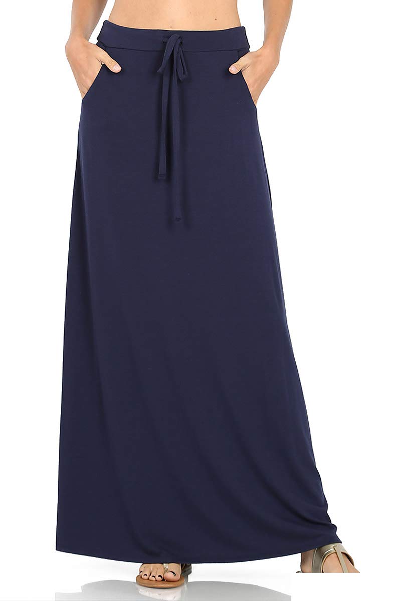 ShezPretty Women's Premium Fold Over High Waist Long Maxi Skirt with Drawstring - Floor Length Elegant Skirt for Casual & Formal Wear (Large, Dark Navy)