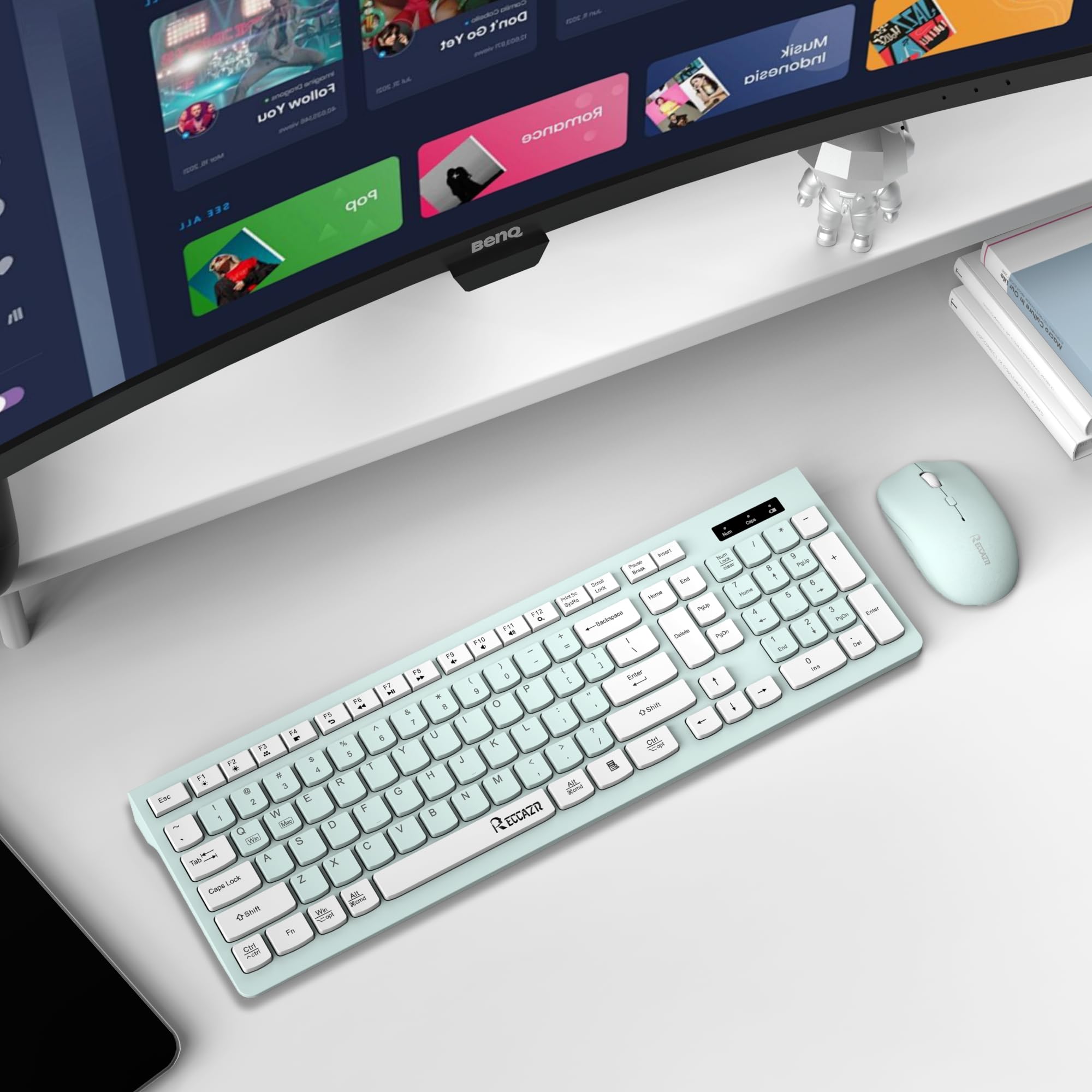 Wireless Keyboard and Mouse Combo - Full-Sized Ergonomic Keyboard with Adjustable DPI Mouse, 2.4GHz USB Receiver for PC, Laptop, Desktop - Compatible with Windows 10/11 (Mint Green & White) | Perfect for Office Work, Gaming & Home Computing