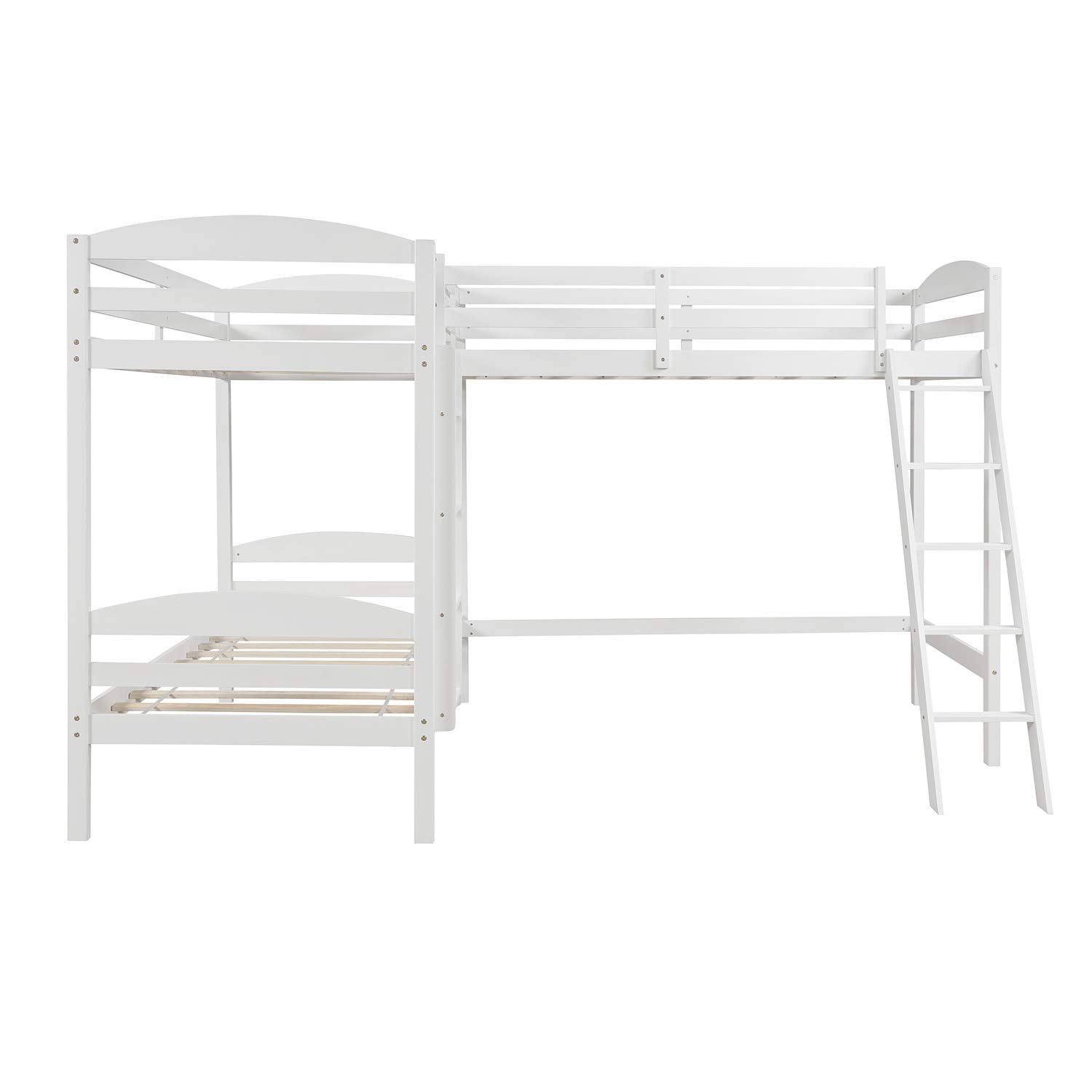 **Twin Size L-Shaped Wooden Bunk Bed & Loft Bed for Kids - 3 Person Corner Bunk Bed Frame with 2 Ladders & Guardrail (White) - Perfect for Small Bedrooms, Shared Kids' Rooms & Space-Saving Solutions**